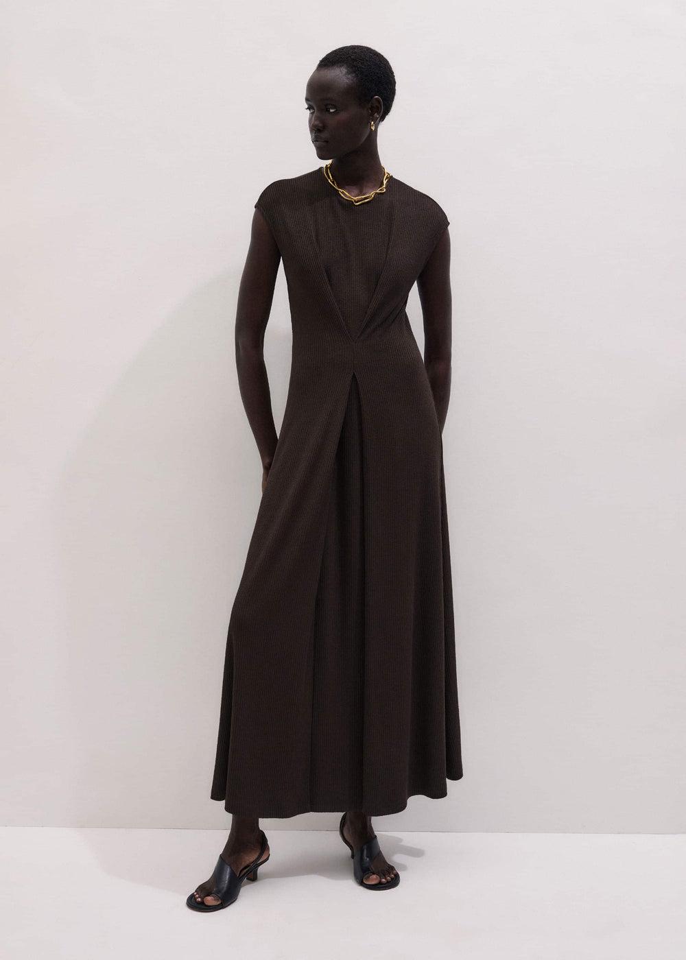Brown Draped Waist Clever Pleat Maxi Dress meandem