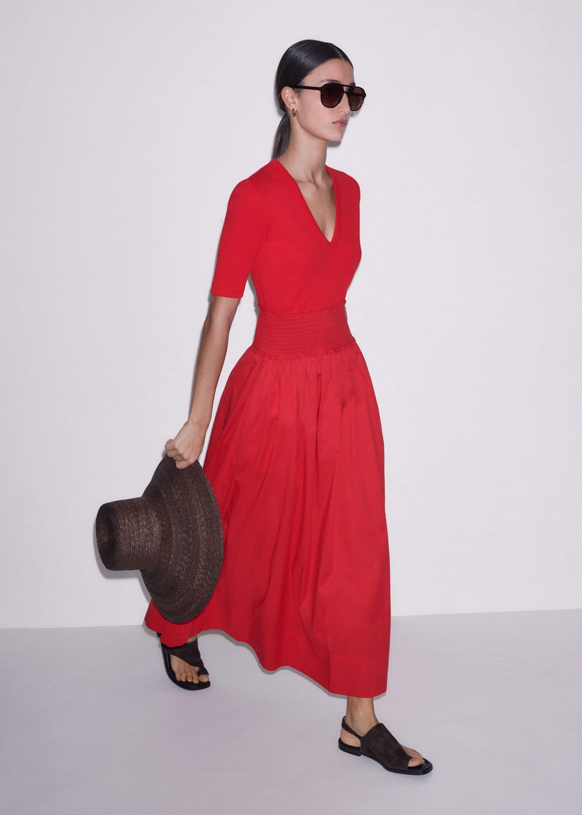 Red V-Neck Smocked Skirt Mixed Media Maxi Dress meandem