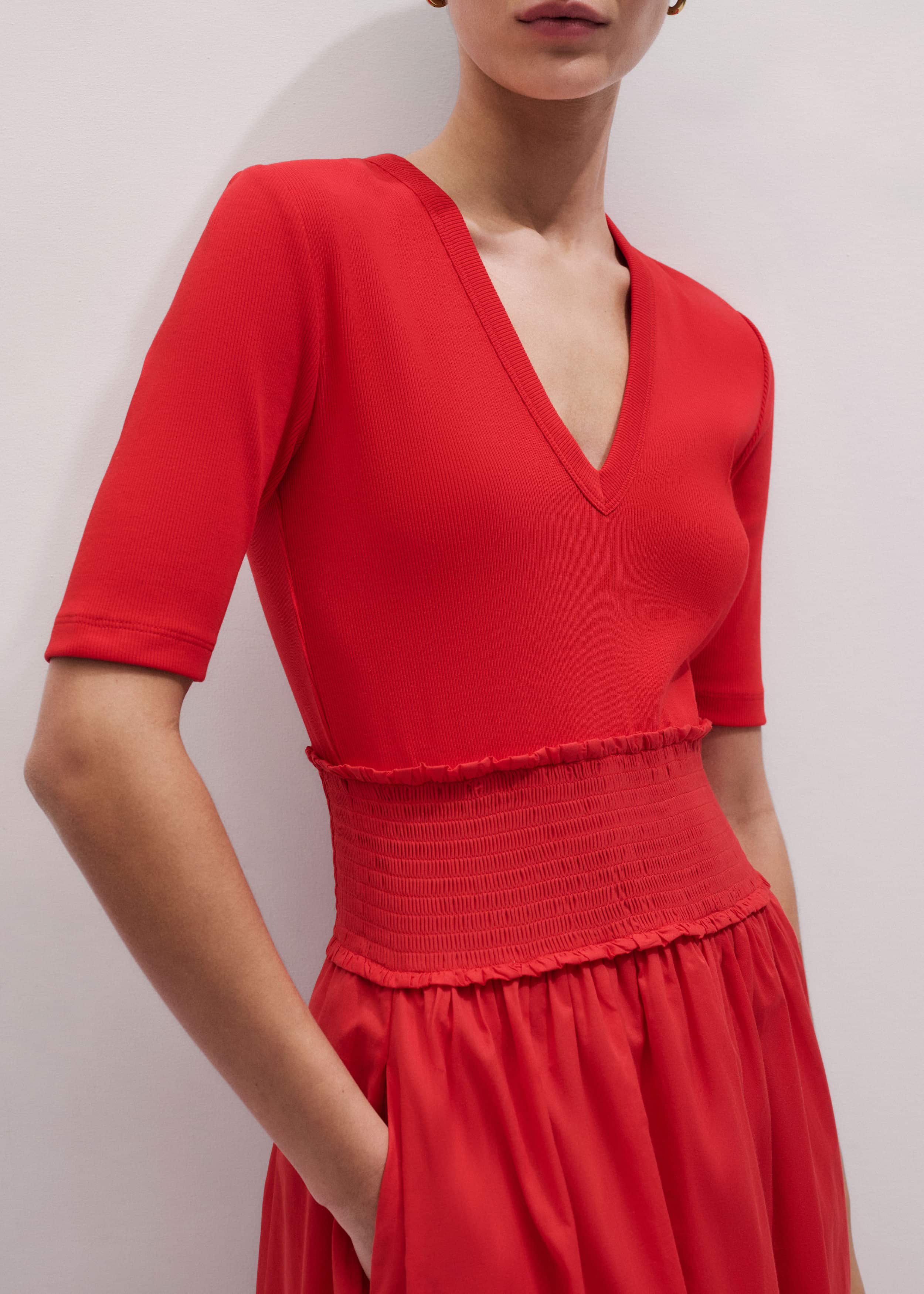Red V-Neck Smocked Skirt Mixed Media Maxi Dress meandem