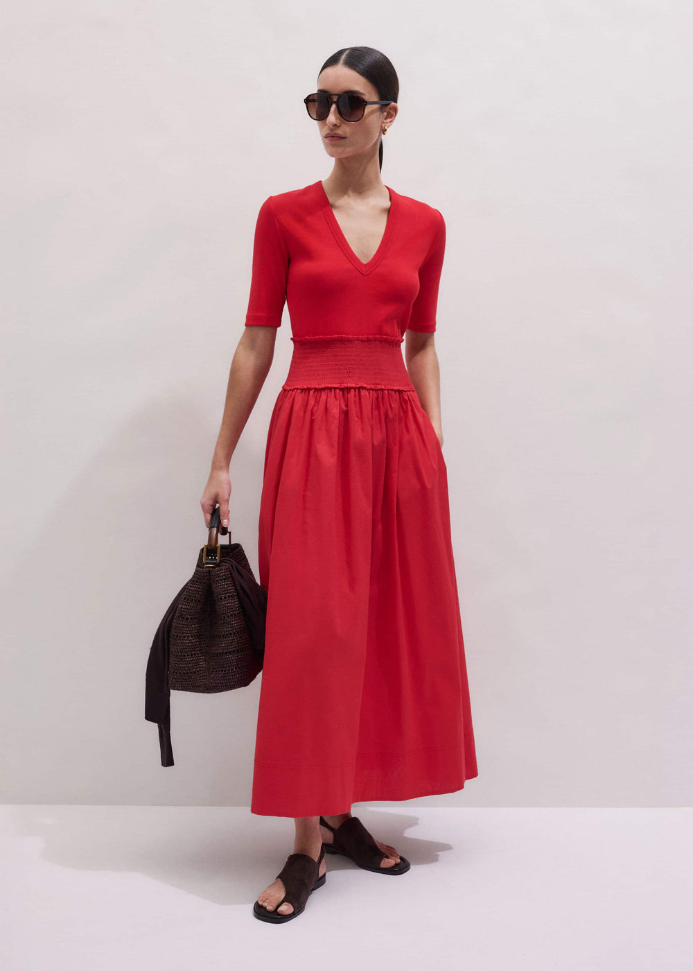 Red V-Neck Smocked Skirt Mixed Media Maxi Dress meandem
