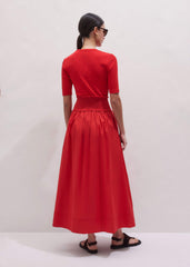 Red V-Neck Smocked Skirt Mixed Media Maxi Dress meandem