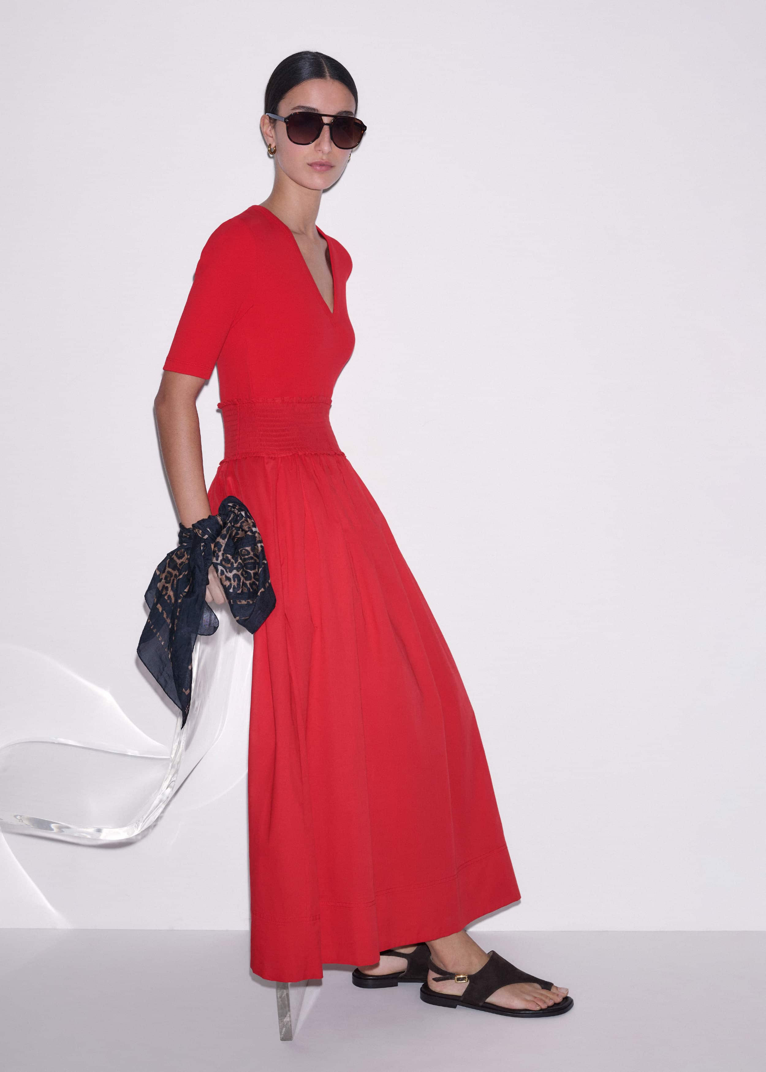 Red V-Neck Smocked Skirt Mixed Media Maxi Dress meandem