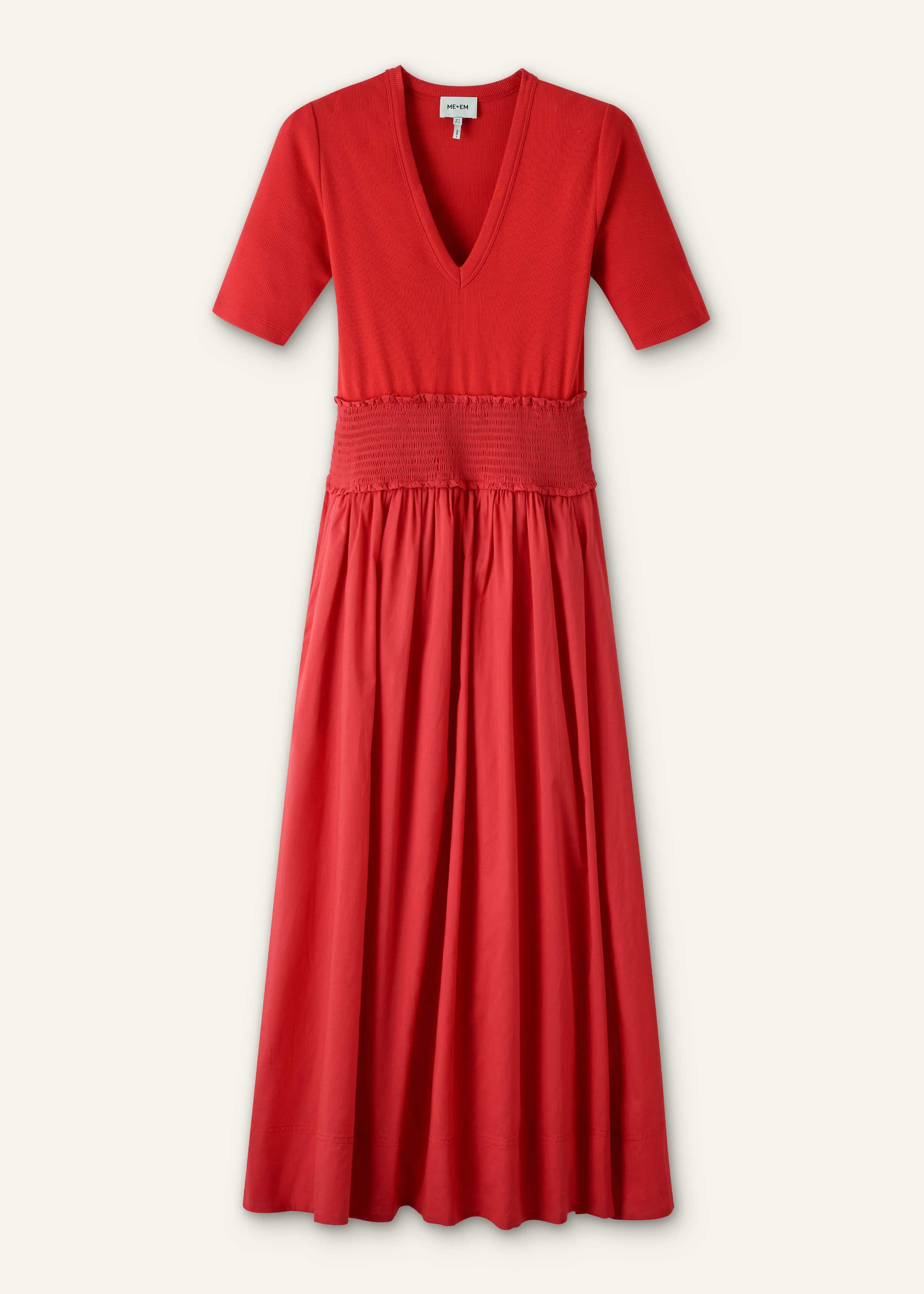 Red V-Neck Smocked Skirt Mixed Media Maxi Dress meandem