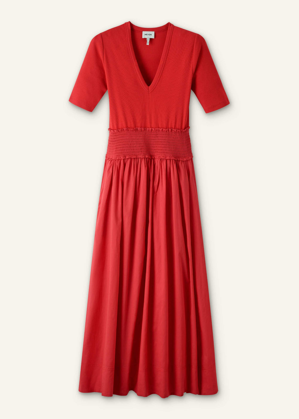 Red V-Neck Smocked Skirt Mixed Media Maxi Dress meandem