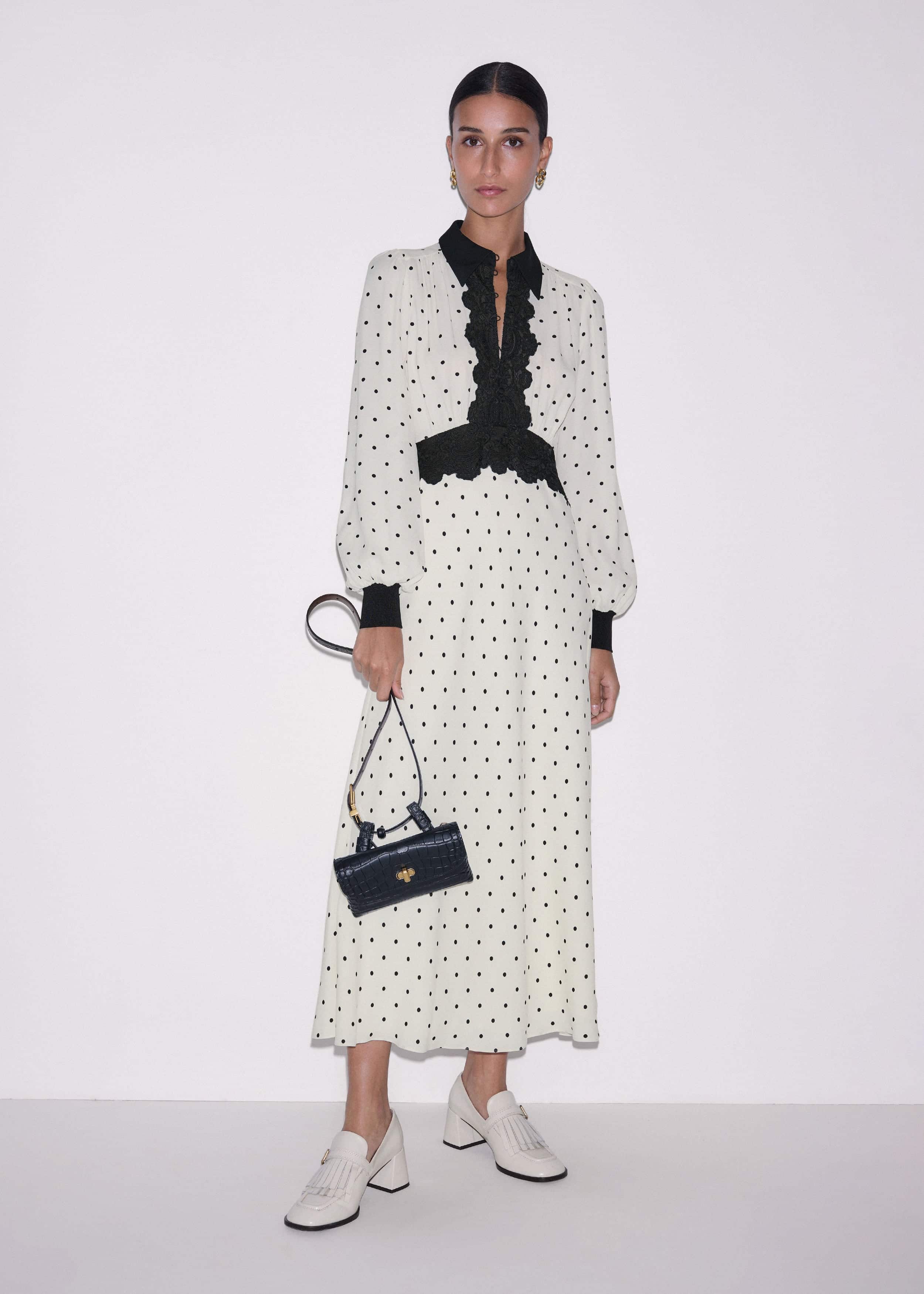 Cream Winter Polka Dot Lace Trim Maxi Dress meandem