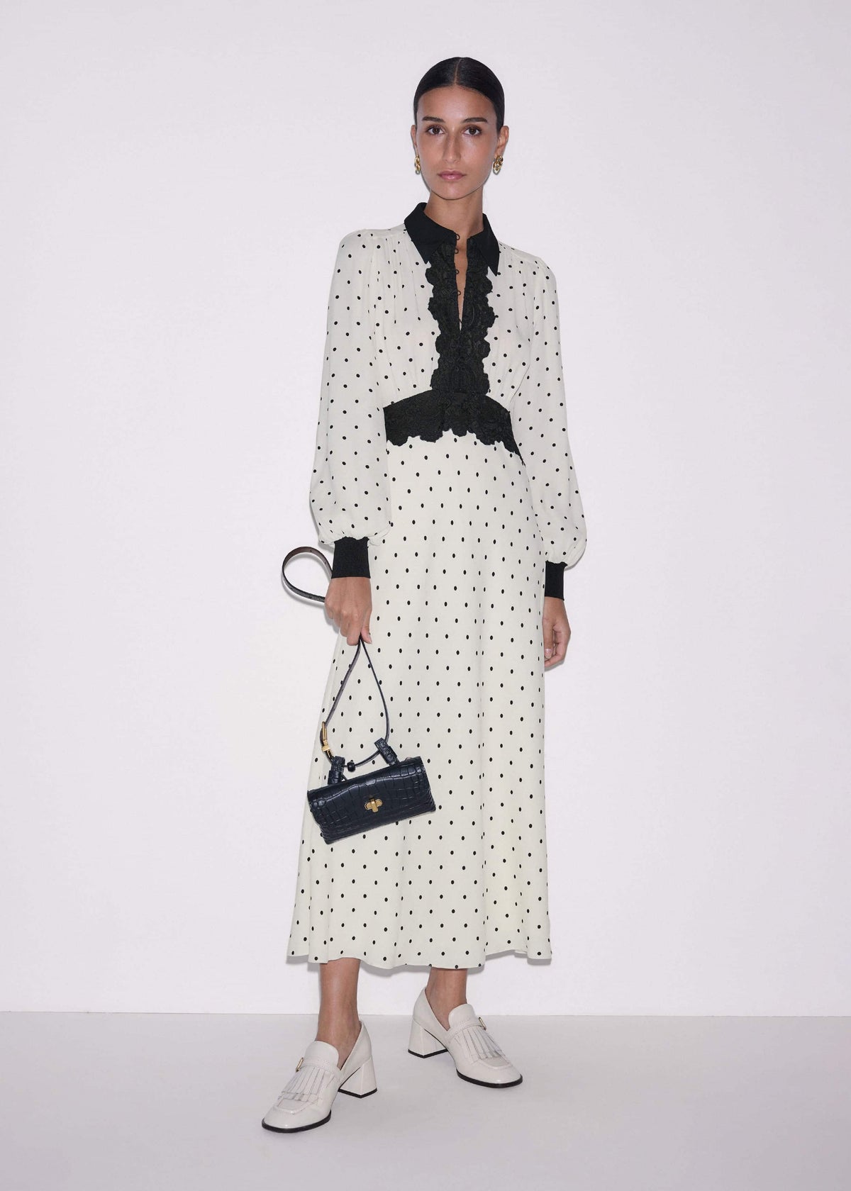Cream Winter Polka Dot Lace Trim Maxi Dress meandem