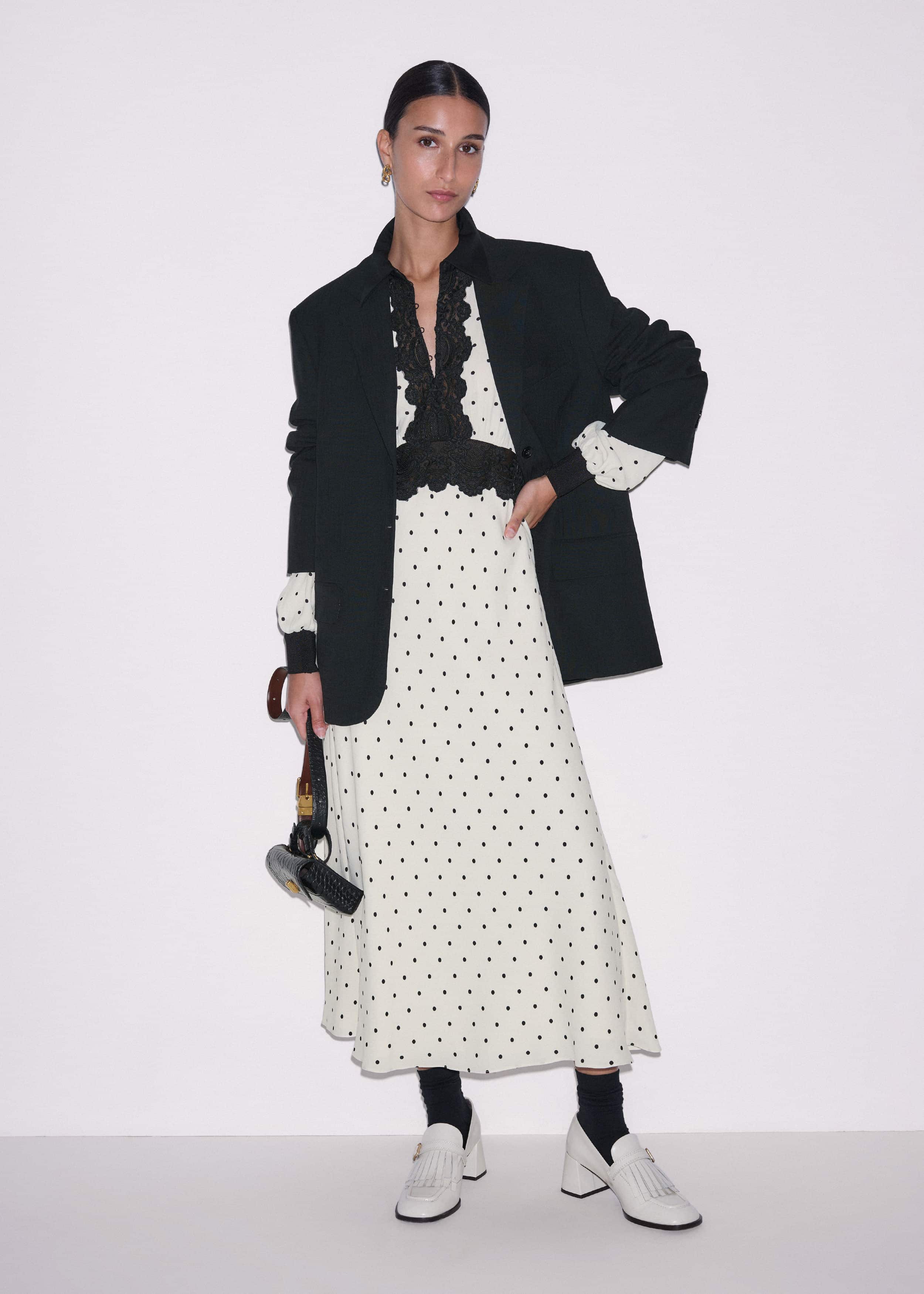 Cream Winter Polka Dot Lace Trim Maxi Dress meandem