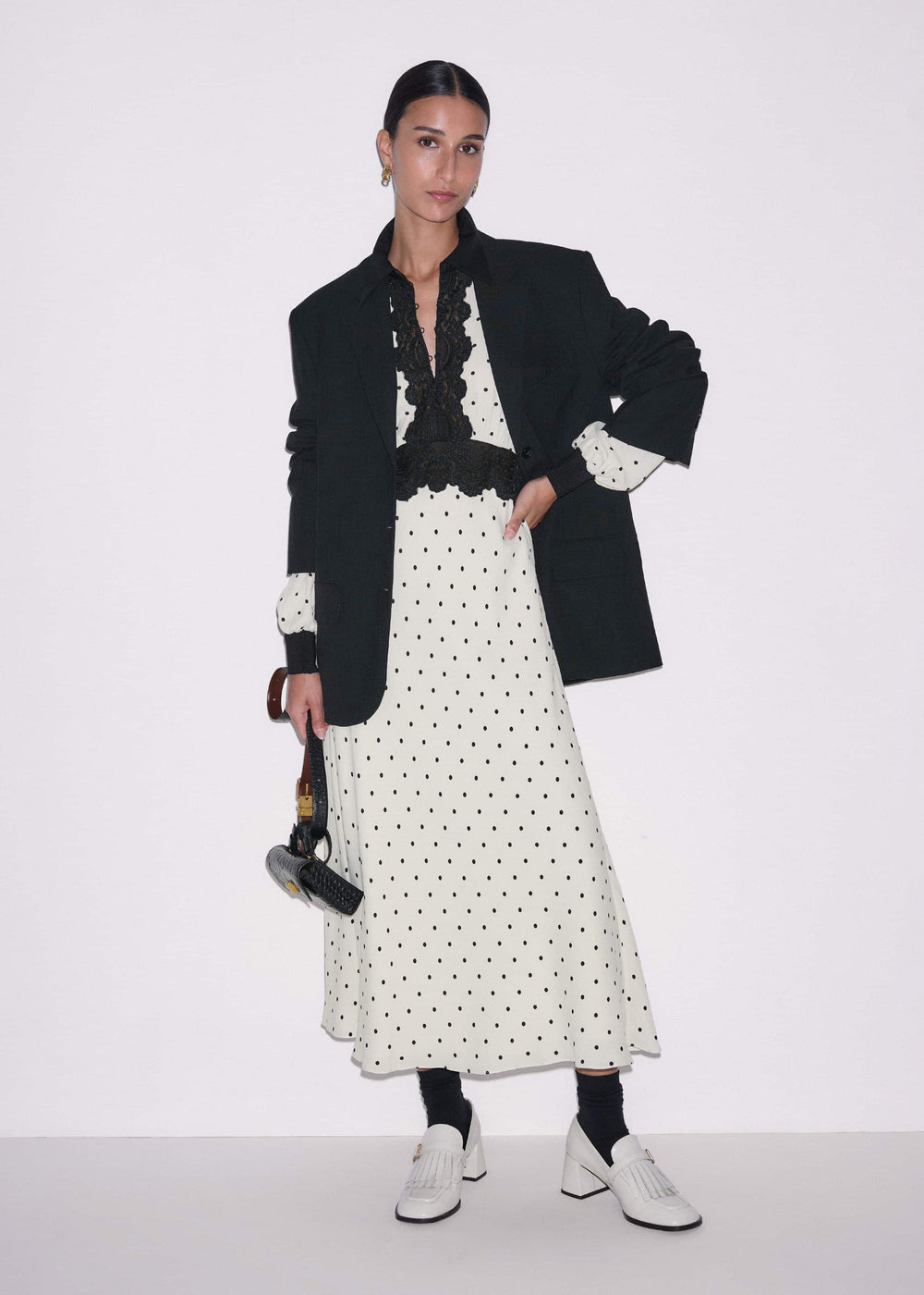 Cream Winter Polka Dot Lace Trim Maxi Dress meandem