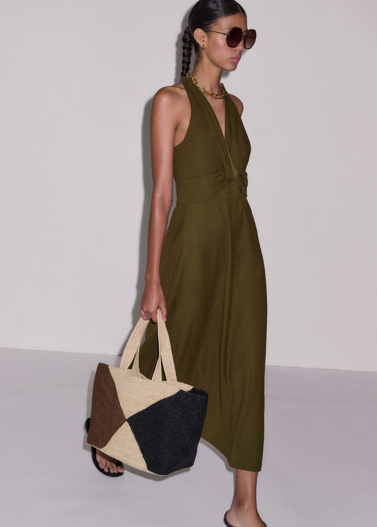 Olive Green Crease-Less Linen Twist Front Maxi Dress meandem