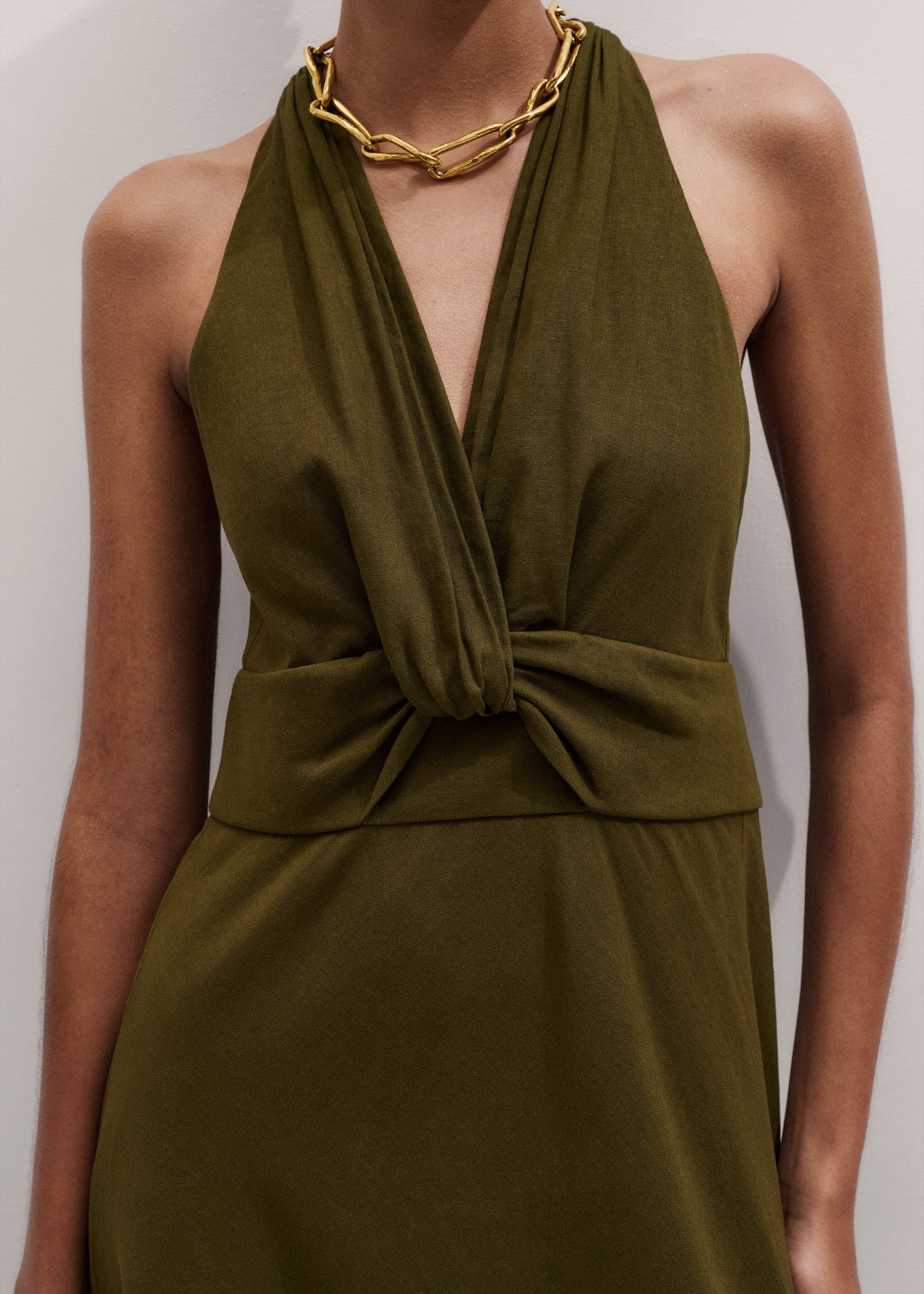 Olive Green Crease-Less Linen Twist Front Maxi Dress meandem