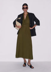 Olive Green Crease-Less Linen Twist Front Maxi Dress meandem