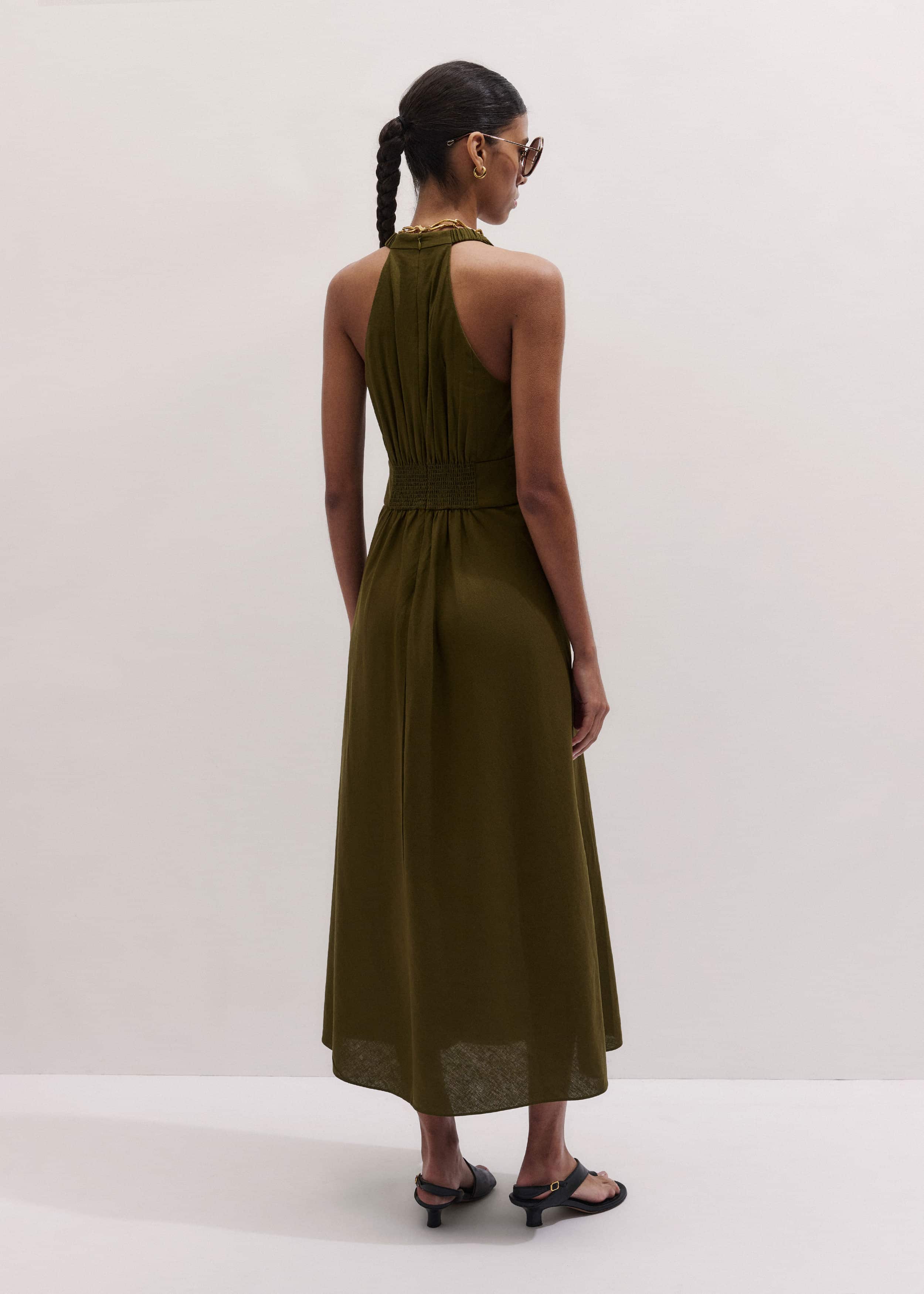 Olive Green Crease-Less Linen Twist Front Maxi Dress meandem