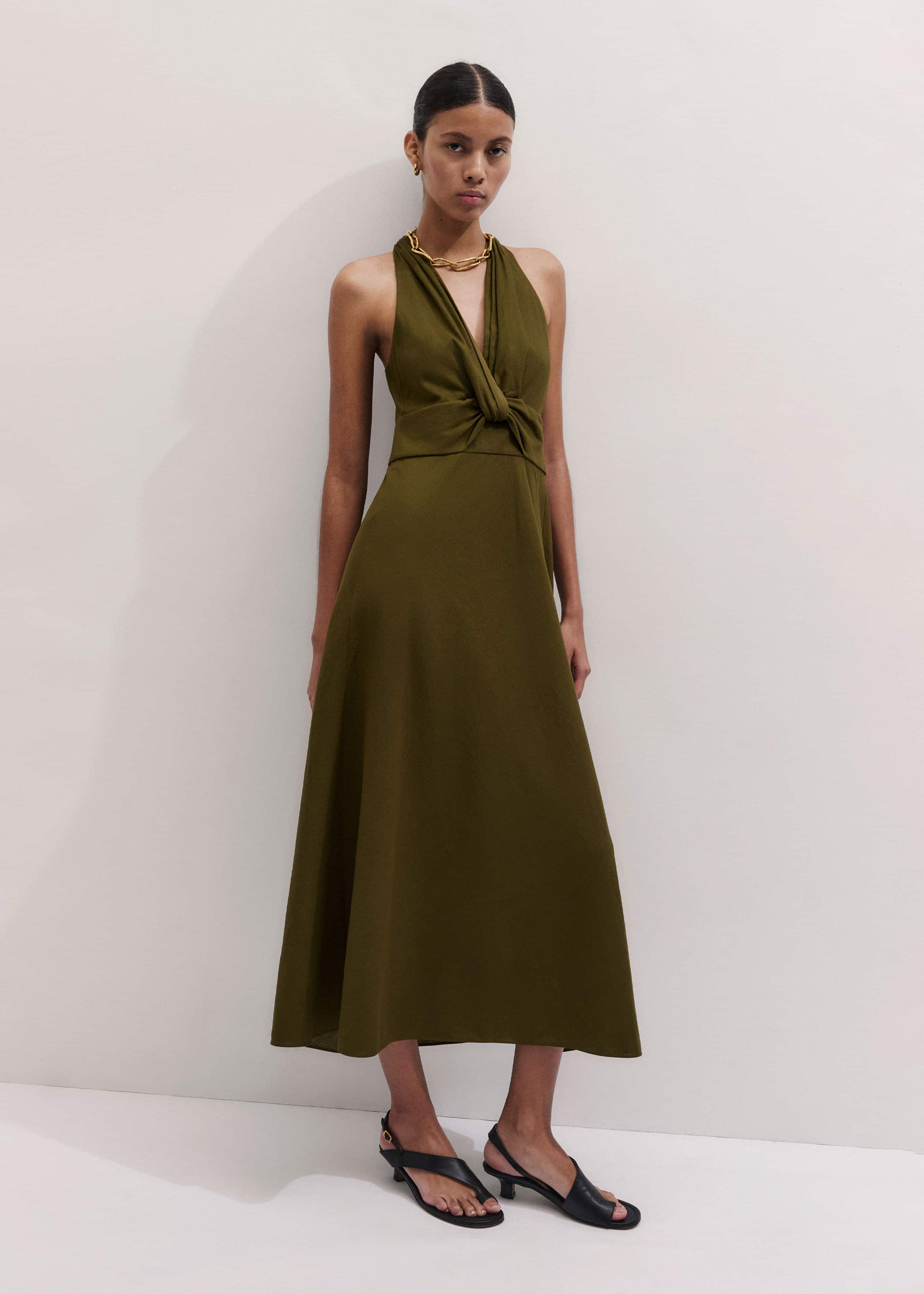 Olive Green Crease-Less Linen Twist Front Maxi Dress meandem
