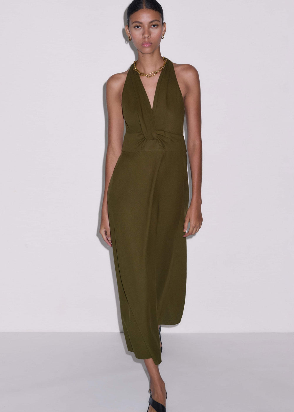 Olive Green Crease-Less Linen Twist Front Maxi Dress meandem