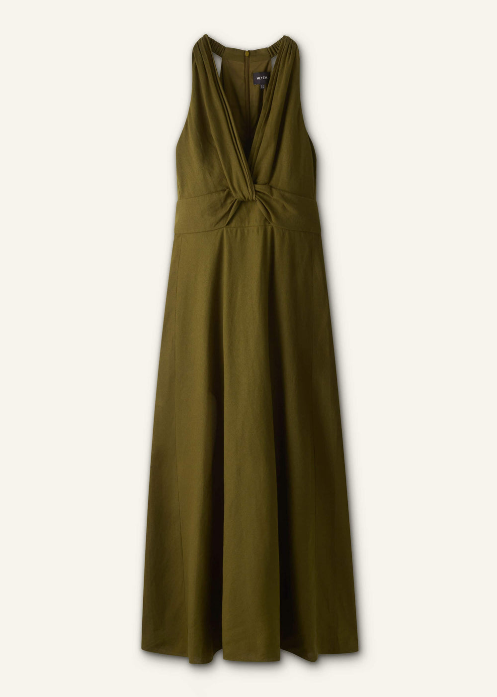 Olive Green Crease-Less Linen Twist Front Maxi Dress meandem