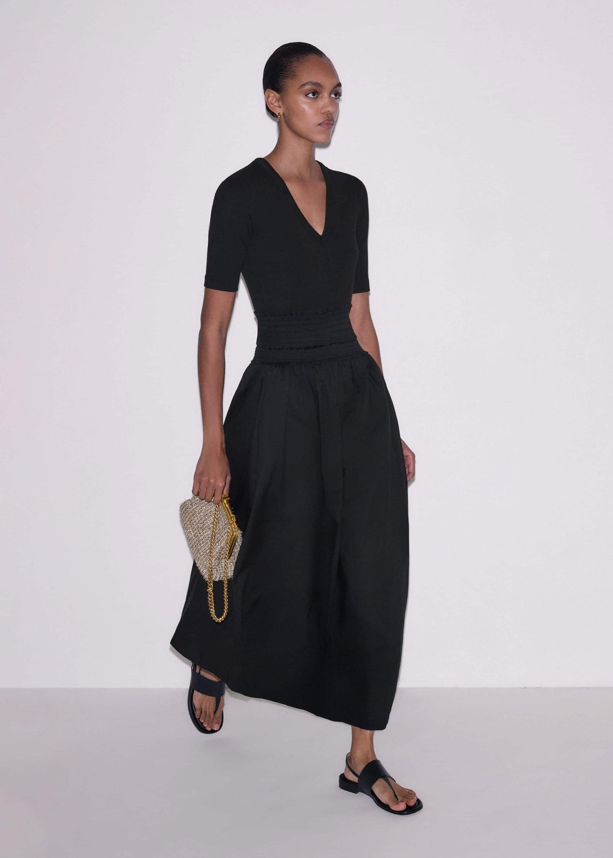 Black V-Neck Smocked Skirt Mixed Media Maxi Dress meandem