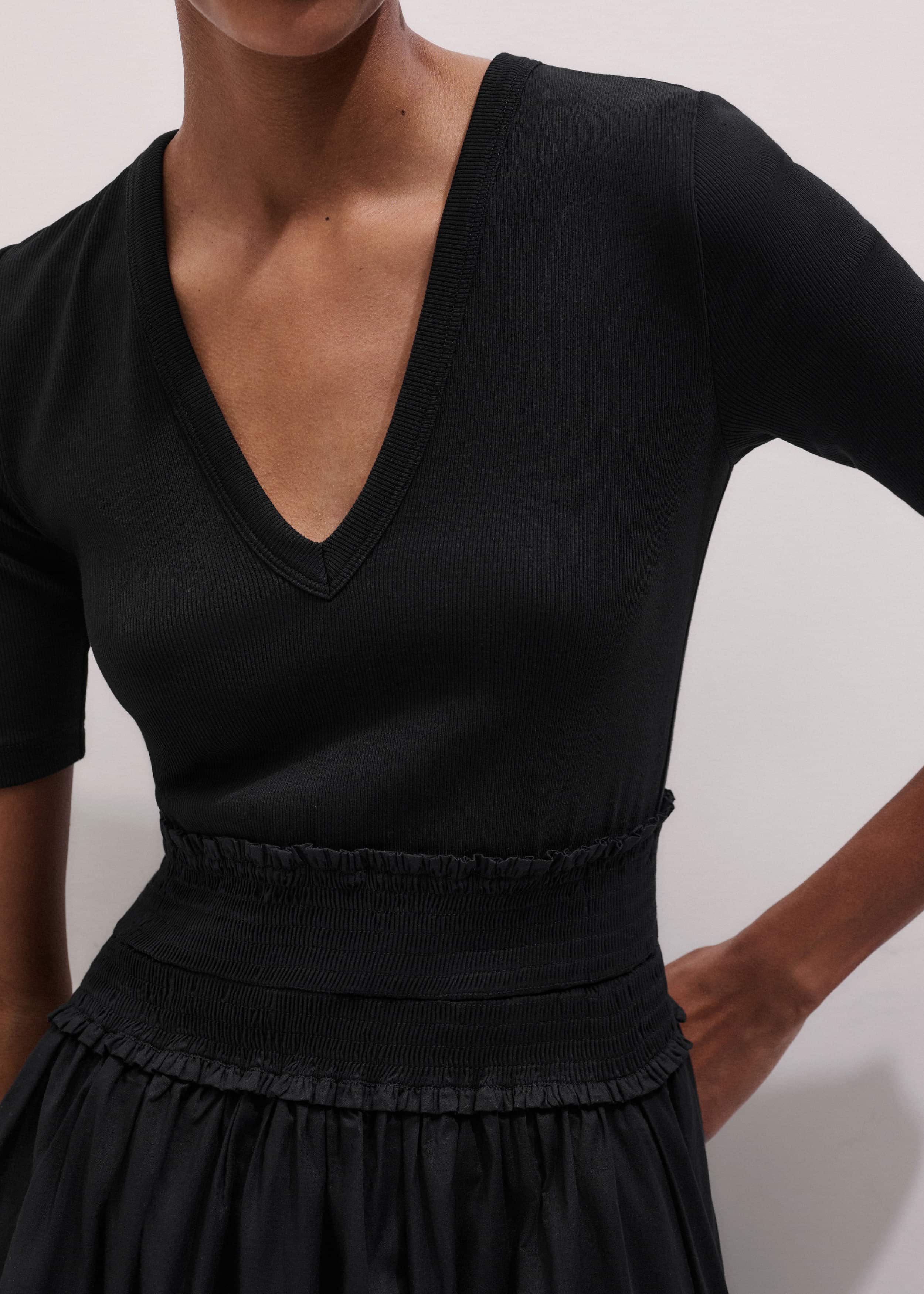 Black V-Neck Smocked Skirt Mixed Media Maxi Dress meandem
