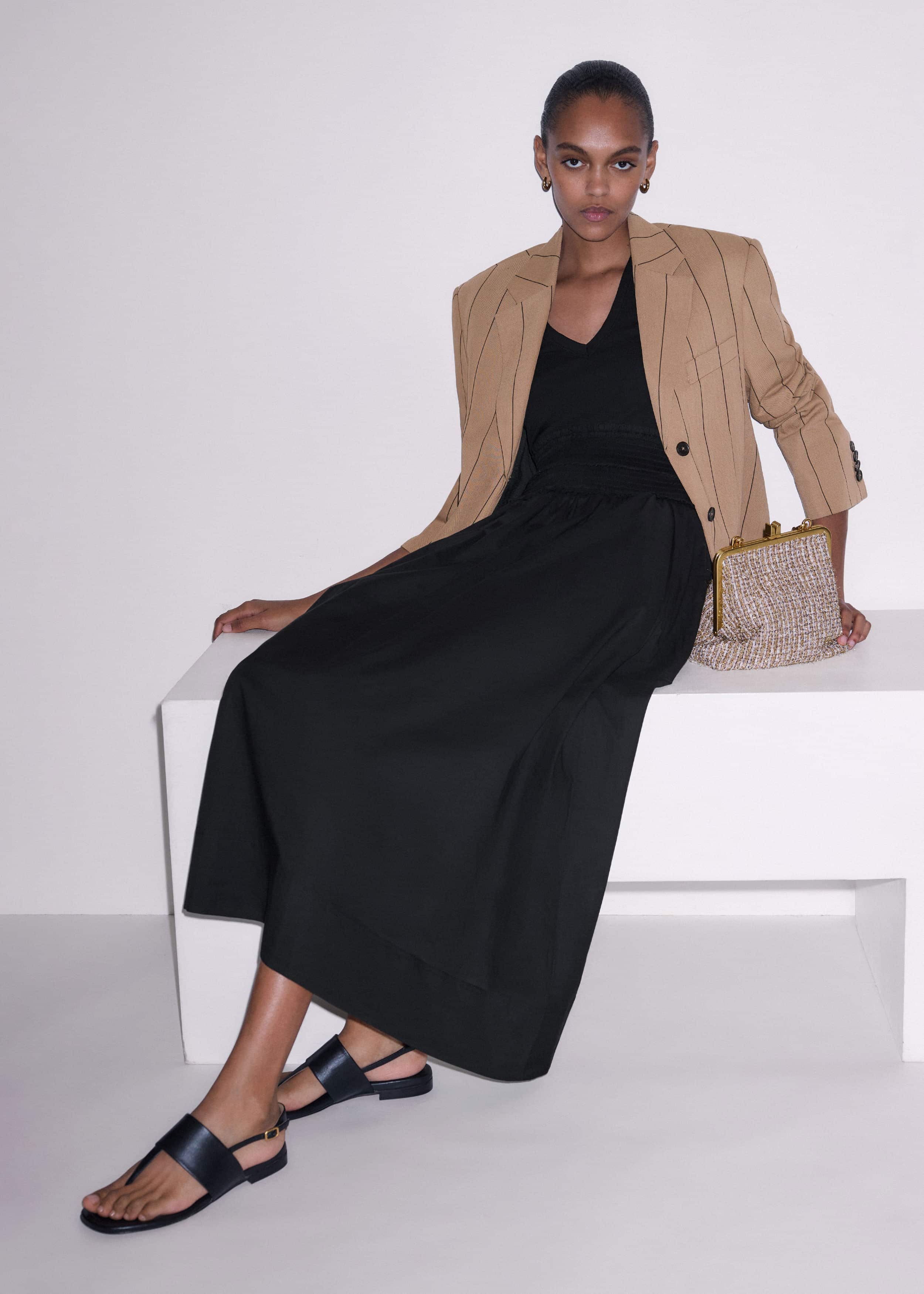 Black V-Neck Smocked Skirt Mixed Media Maxi Dress meandem