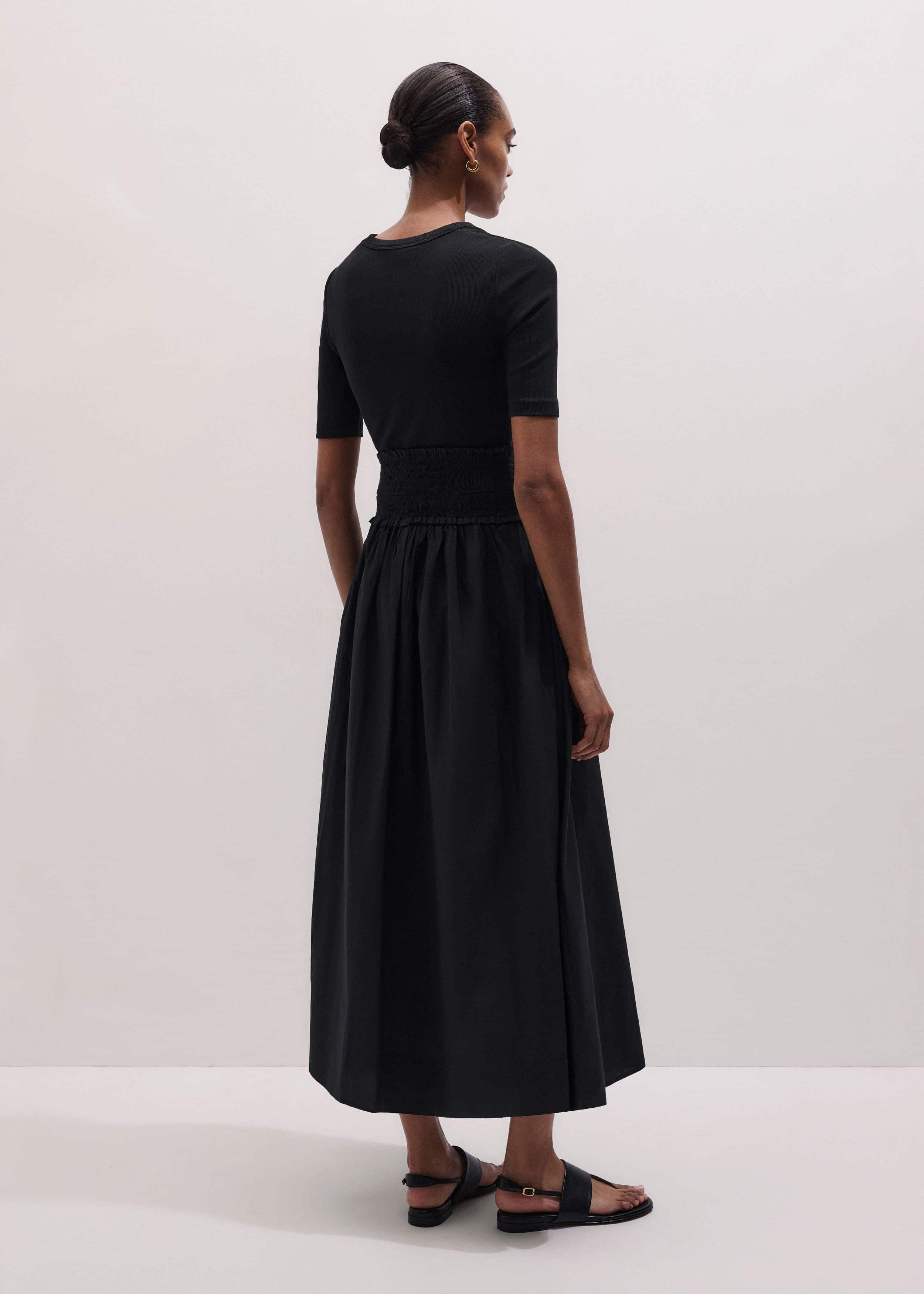 Black V-Neck Smocked Skirt Mixed Media Maxi Dress meandem
