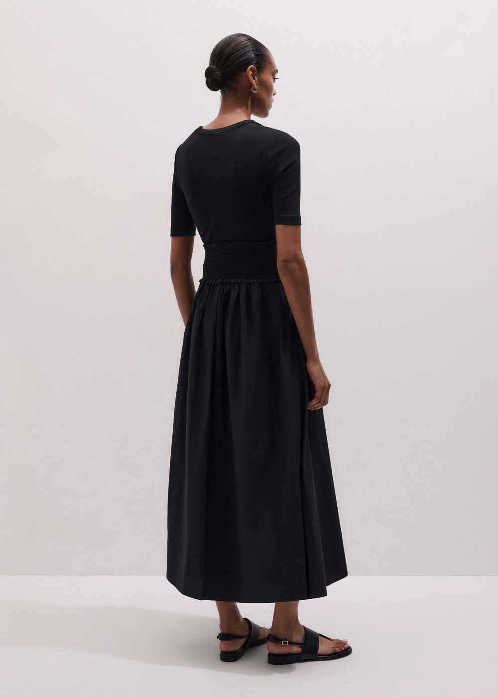 Black V-Neck Smocked Skirt Mixed Media Maxi Dress meandem