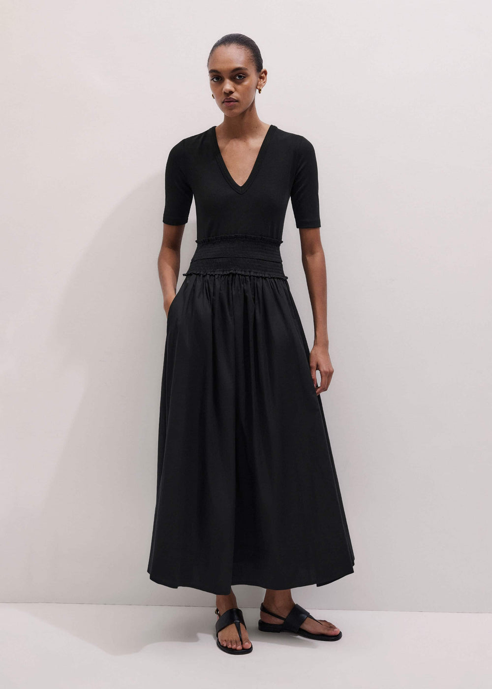 Black V-Neck Smocked Skirt Mixed Media Maxi Dress meandem
