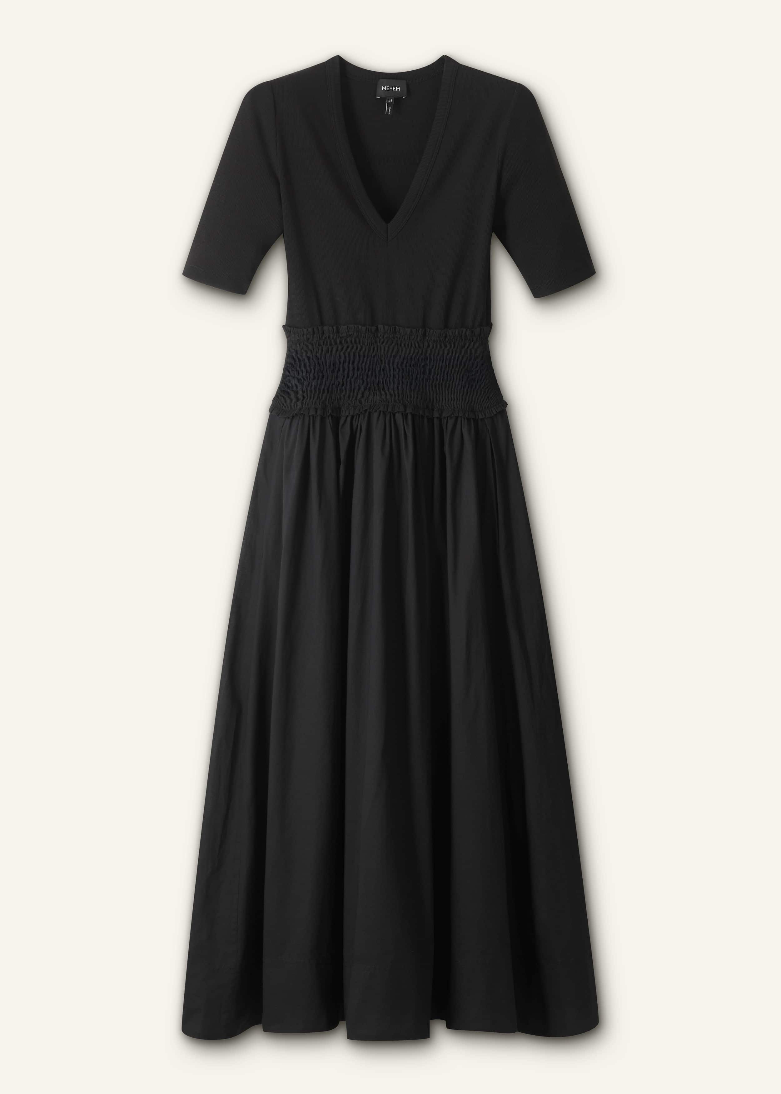 Black V-Neck Smocked Skirt Mixed Media Maxi Dress meandem