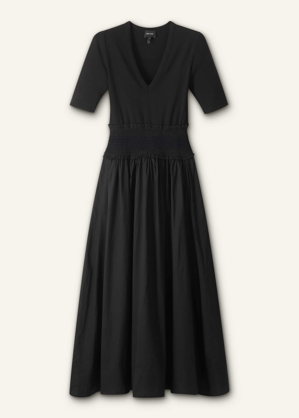 Black V-Neck Smocked Skirt Mixed Media Maxi Dress meandem