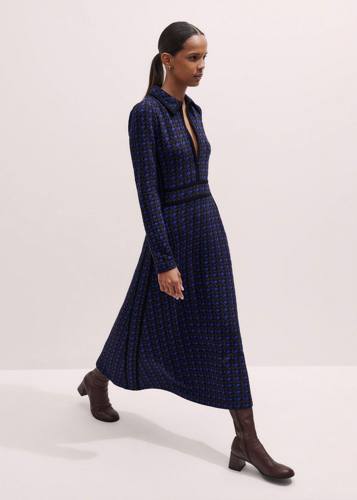 Navy Houndstooth Jacquard Ponte Zip Neck Maxi Dress meandem