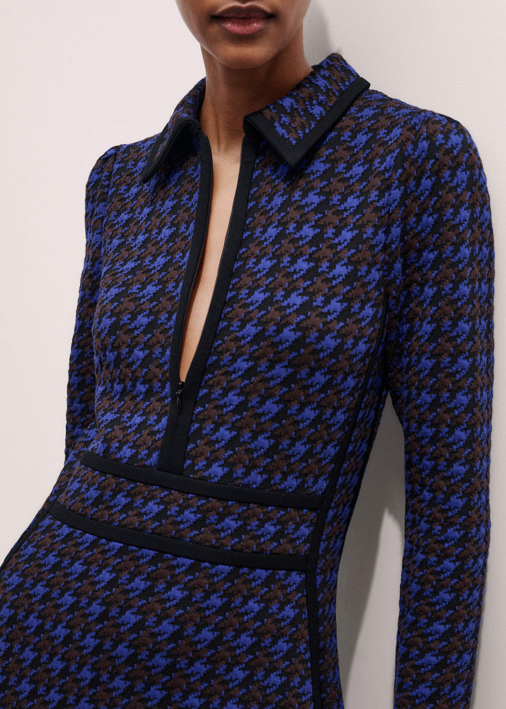 Navy Houndstooth Jacquard Ponte Zip Neck Maxi Dress meandem