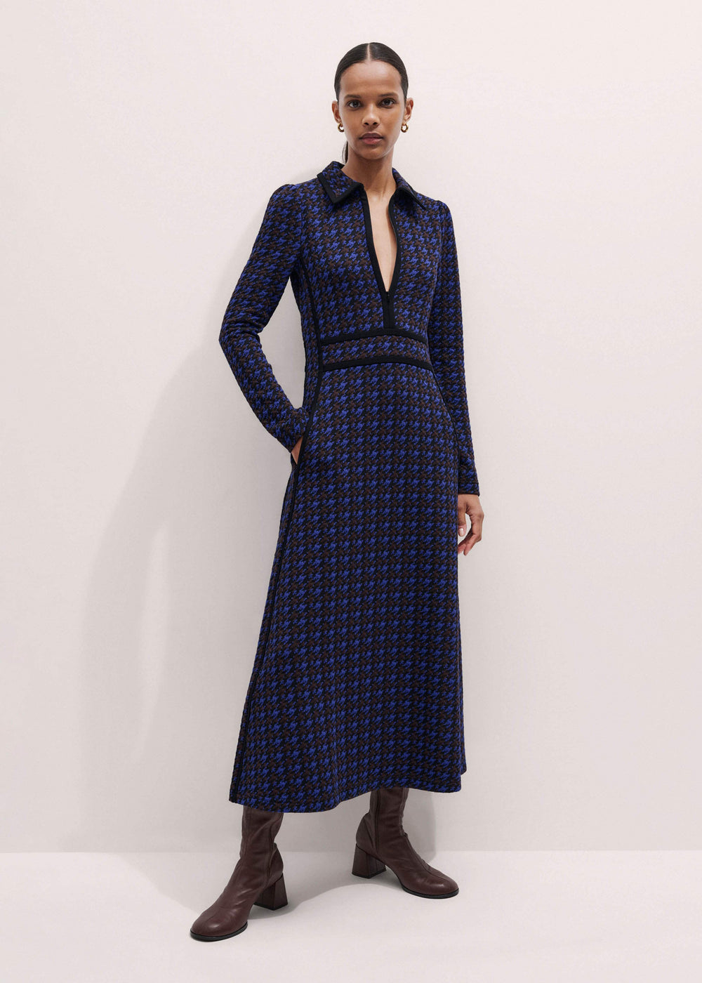 Navy Houndstooth Jacquard Ponte Zip Neck Maxi Dress meandem