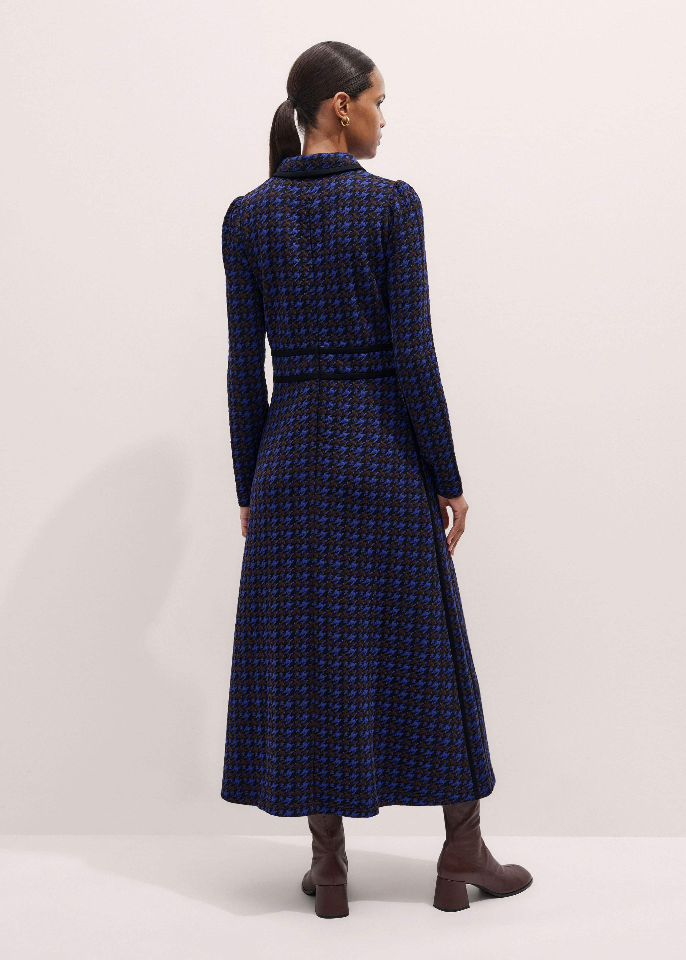 Navy Houndstooth Jacquard Ponte Zip Neck Maxi Dress meandem
