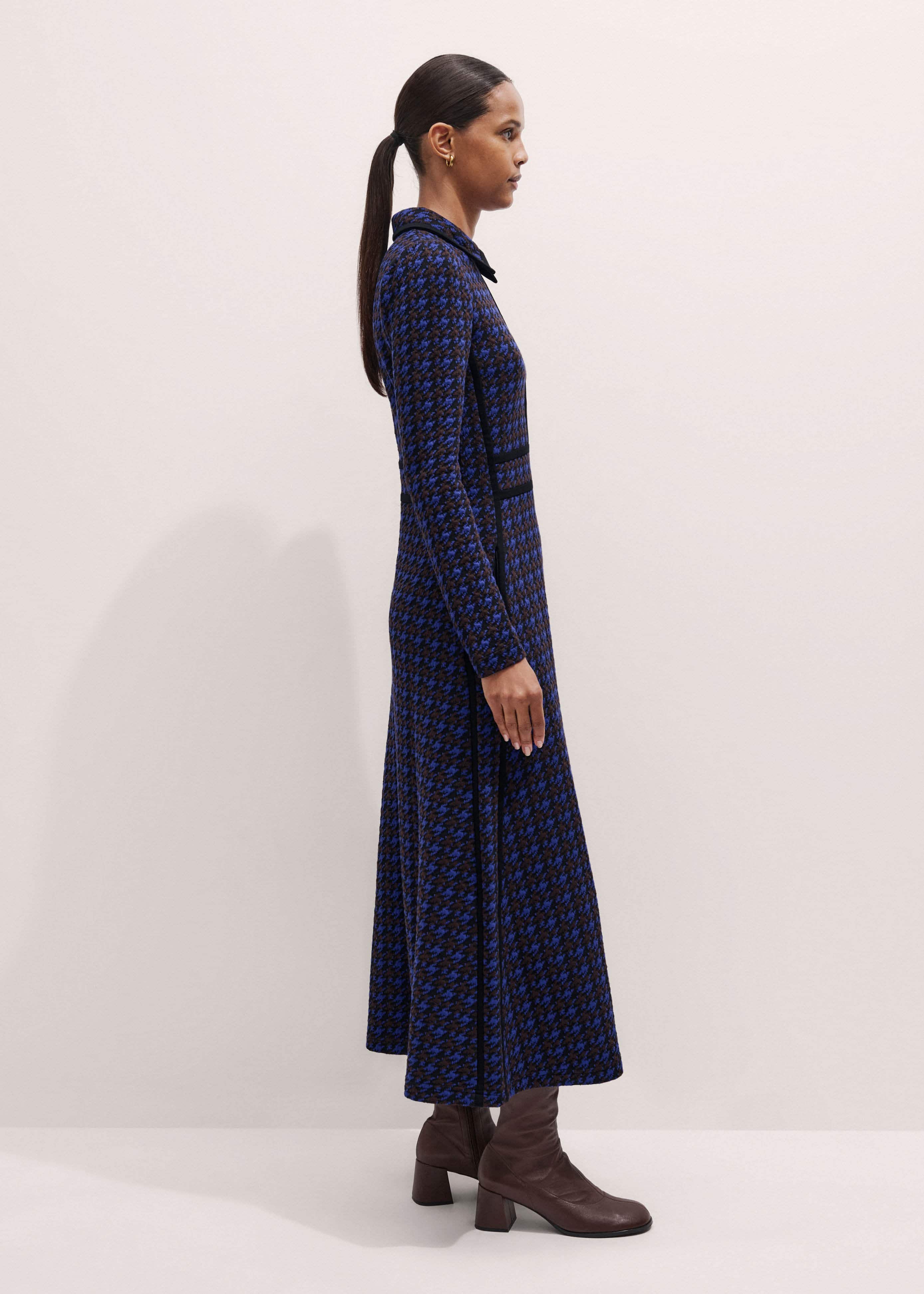 Navy Houndstooth Jacquard Ponte Zip Neck Maxi Dress meandem