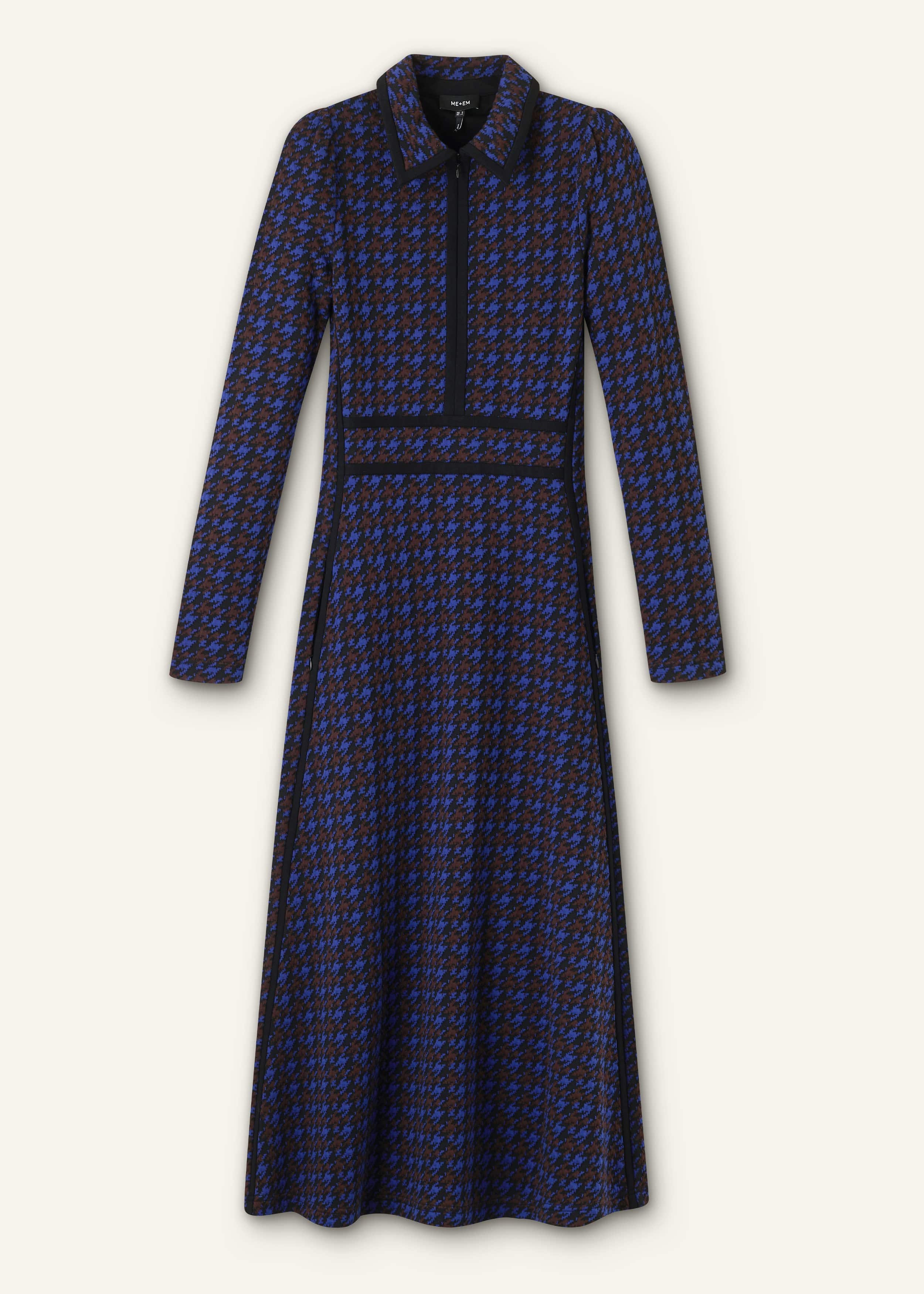 Navy Houndstooth Jacquard Ponte Zip Neck Maxi Dress meandem