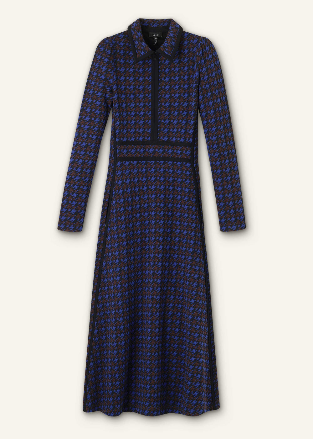 Navy Houndstooth Jacquard Ponte Zip Neck Maxi Dress meandem
