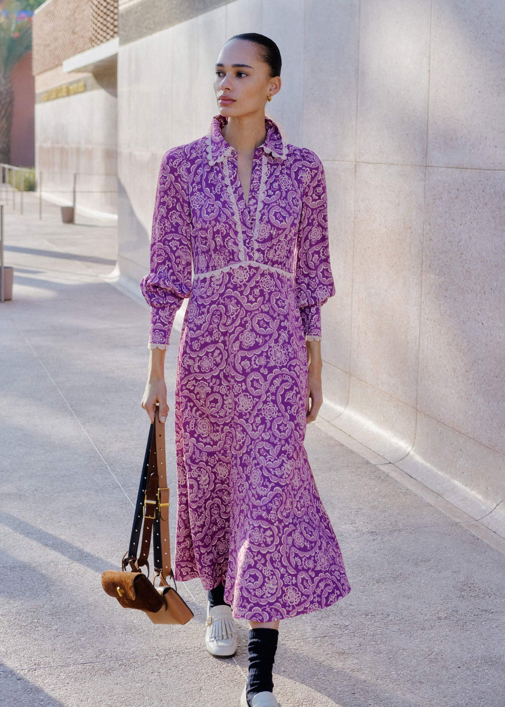 Purple Entangled Lace Print Fit + Flare Maxi Dress meandem