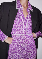 Purple Entangled Lace Print Fit + Flare Maxi Dress meandem