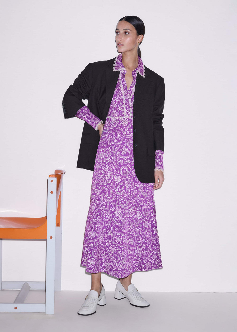 Purple Entangled Lace Print Fit + Flare Maxi Dress meandem