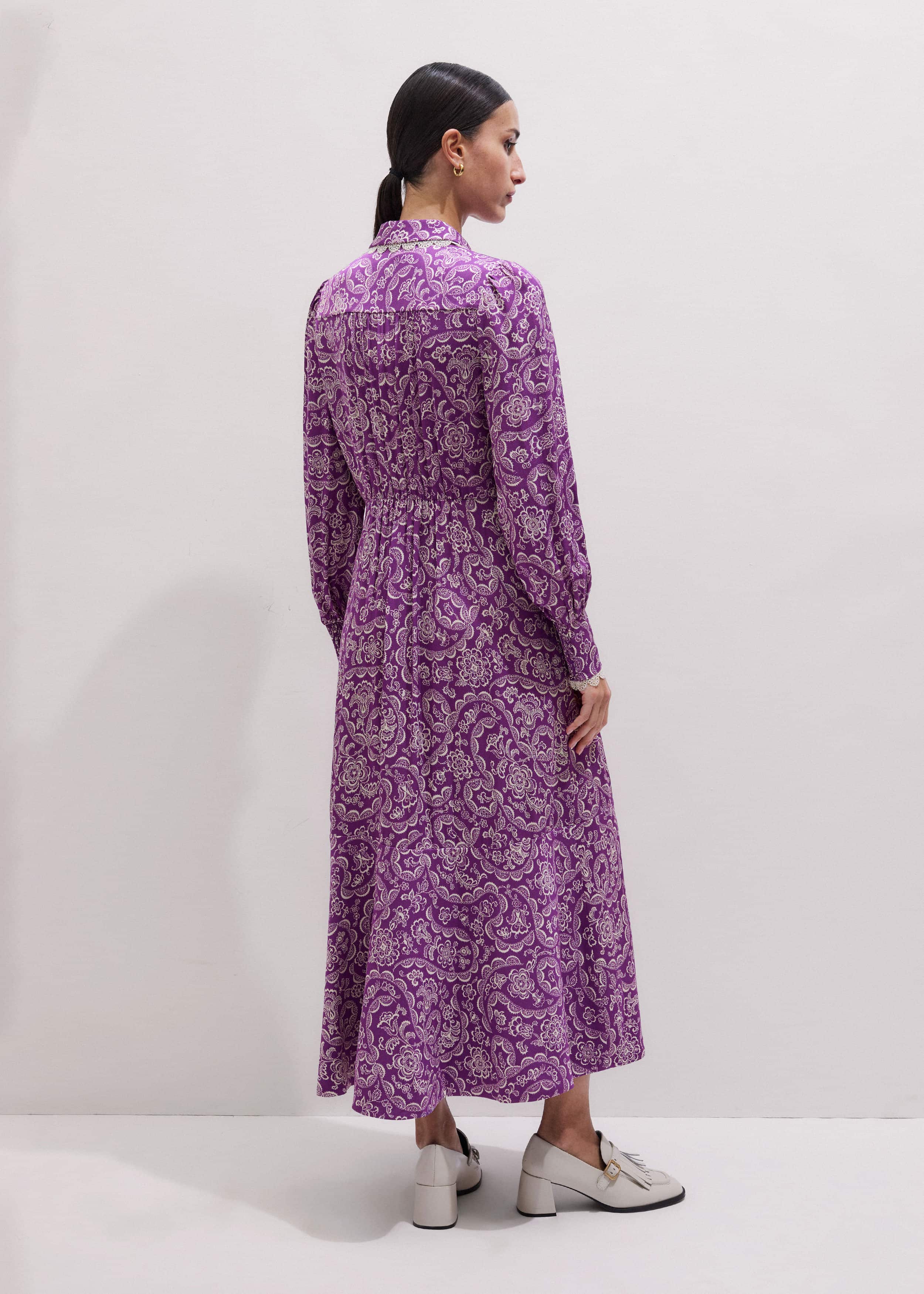 Purple Entangled Lace Print Fit + Flare Maxi Dress meandem