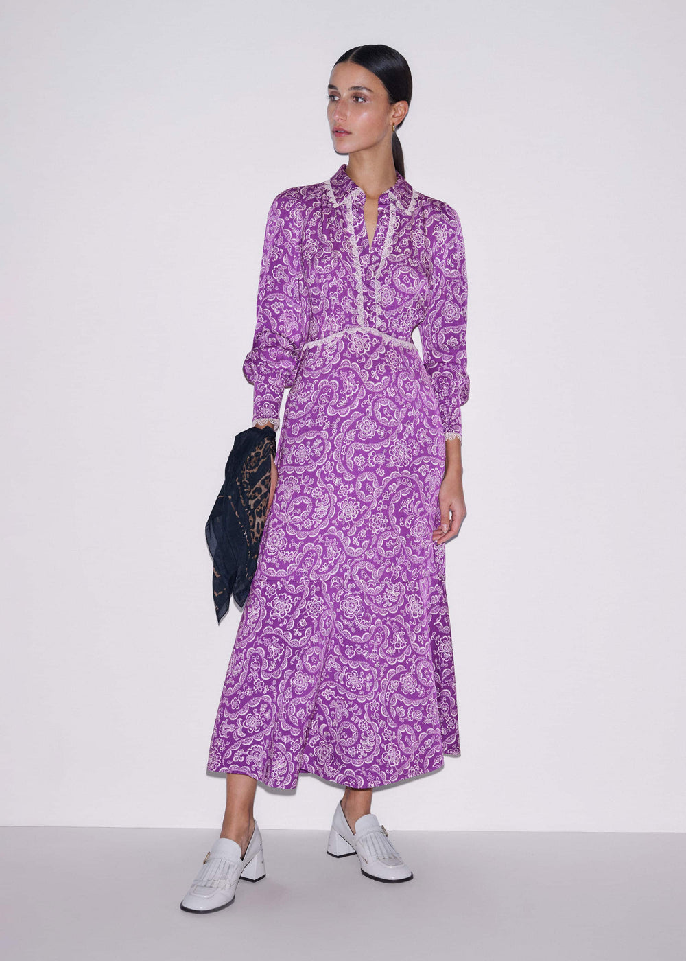 Purple Entangled Lace Print Fit + Flare Maxi Dress meandem