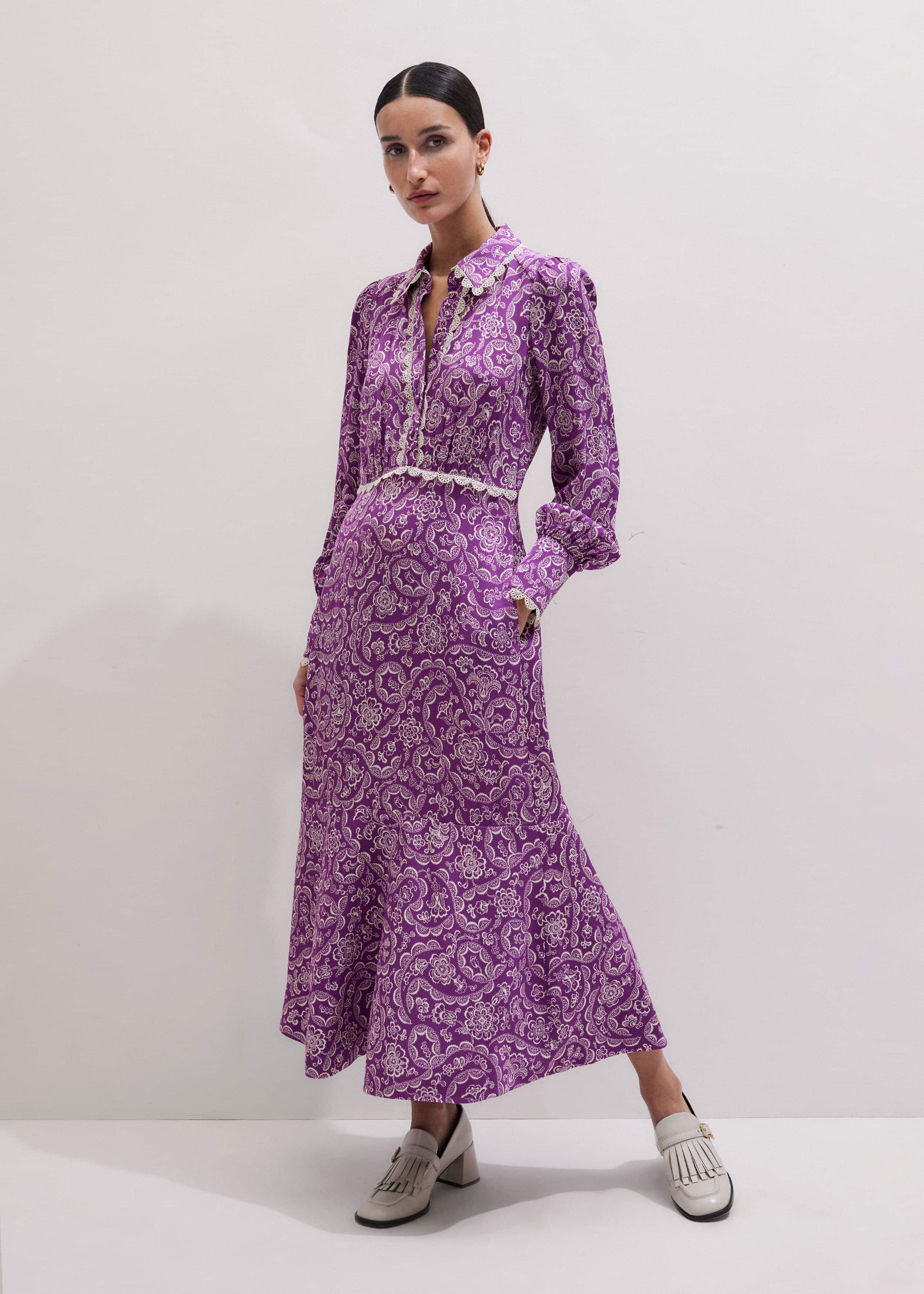 Purple Entangled Lace Print Fit + Flare Maxi Dress meandem