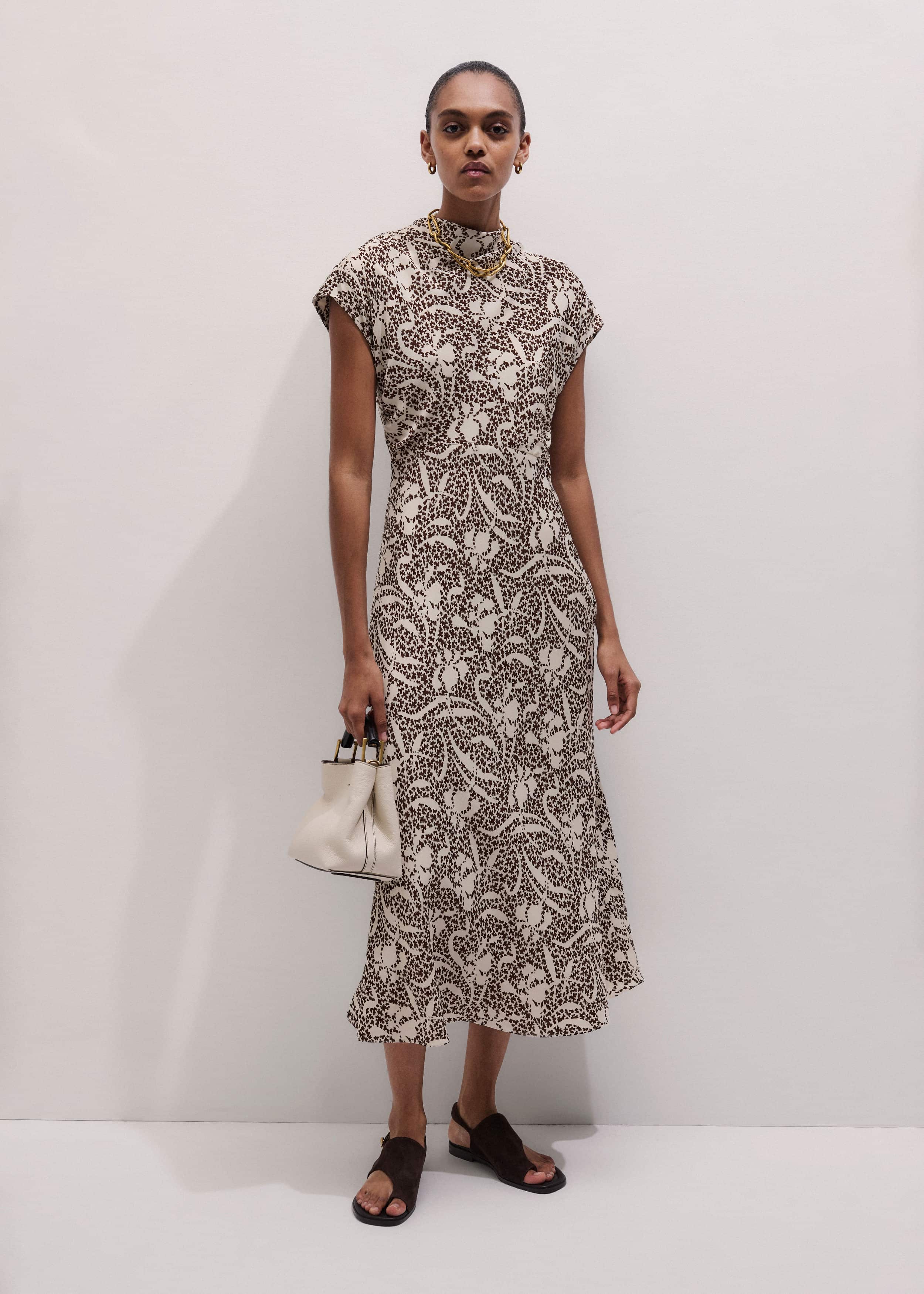 Brown Speckled Bloom Print Bias Cut Maxi Dress meandem