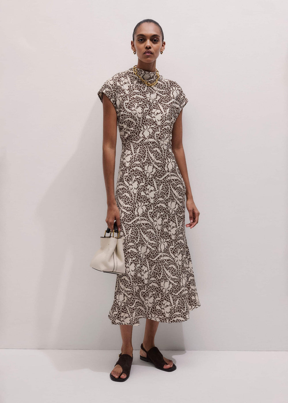 Brown Speckled Bloom Print Bias Cut Maxi Dress meandem