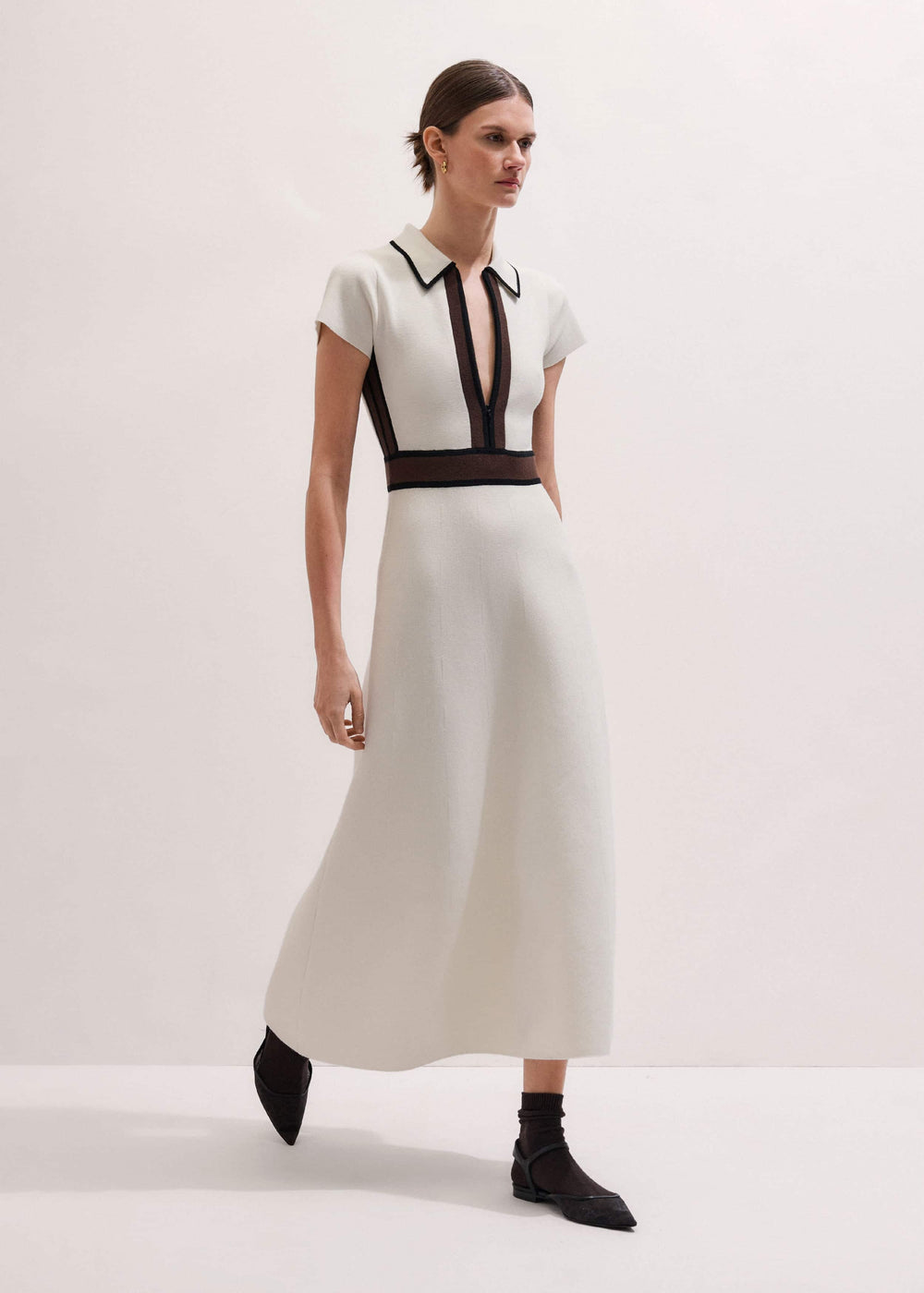 Cream Milano Knit Collared Fit + Flare Maxi Dress meandem