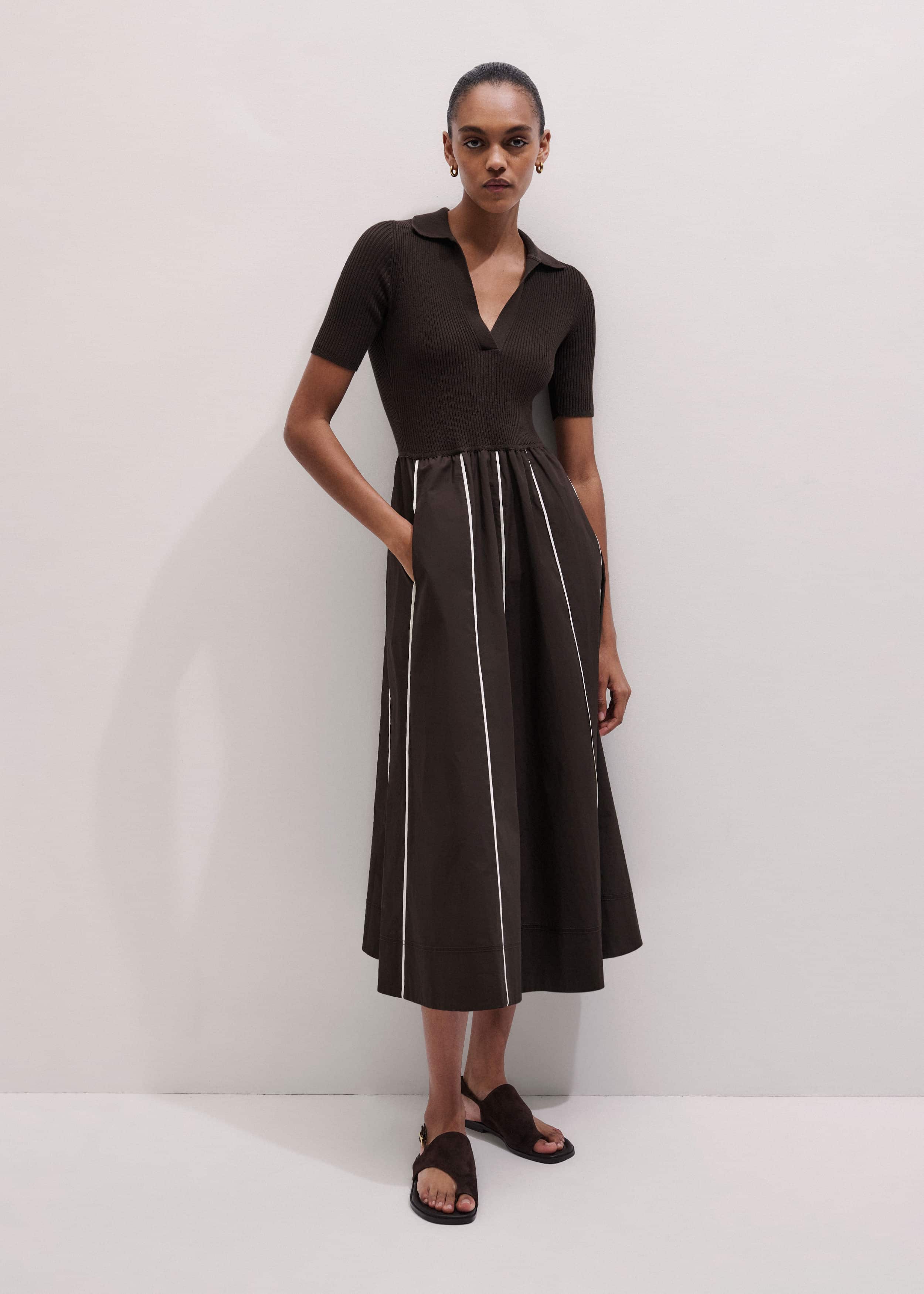 Brown Mixed Media Fit And Flare Midi Dress + Belt meandem