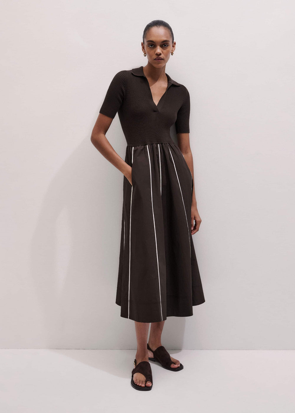 Brown Mixed Media Fit And Flare Midi Dress + Belt meandem