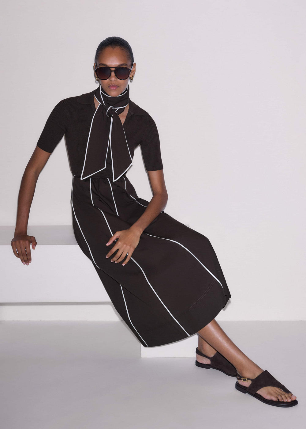 Brown Mixed Media Fit And Flare Midi Dress + Belt meandem