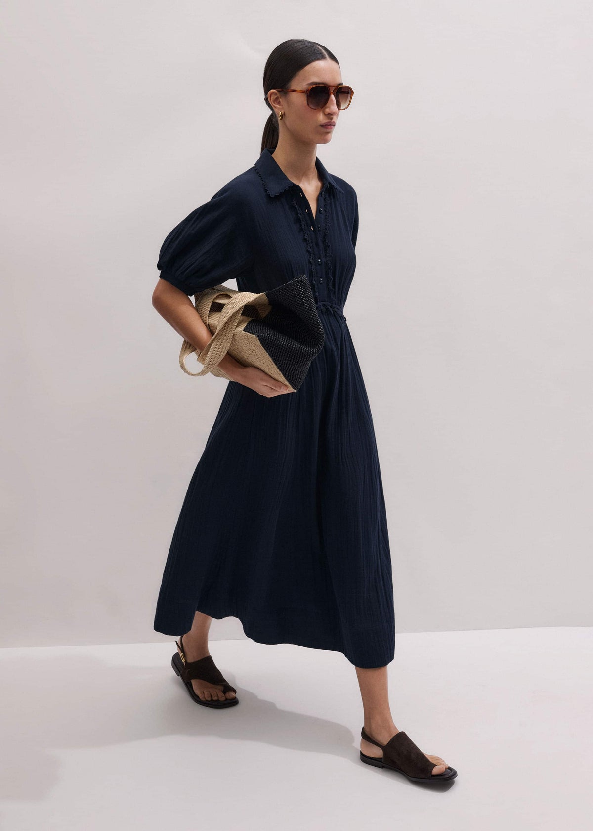 Navy Cheesecloth Intricate Detail Fit + Flare Midi Dress meandem