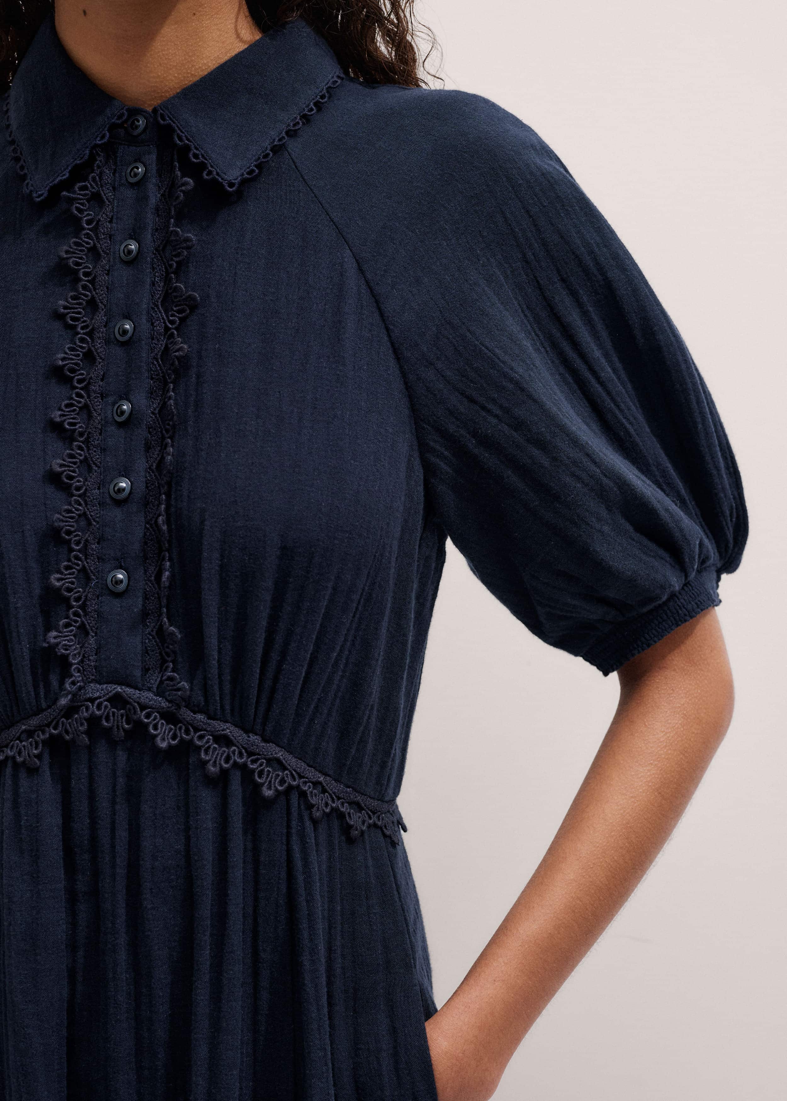 Navy Cheesecloth Intricate Detail Fit + Flare Midi Dress meandem