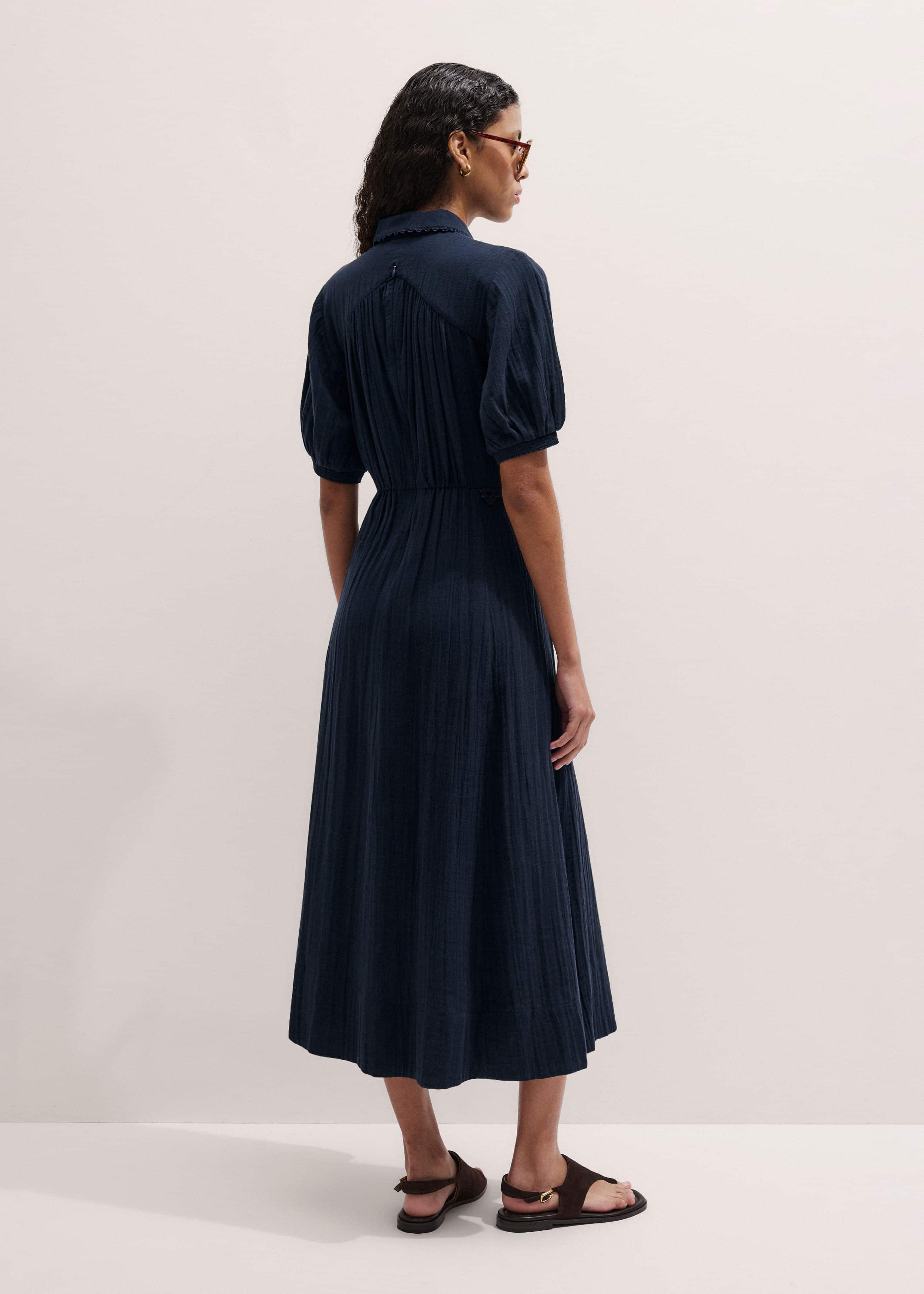 Navy Cheesecloth Intricate Detail Fit + Flare Midi Dress meandem
