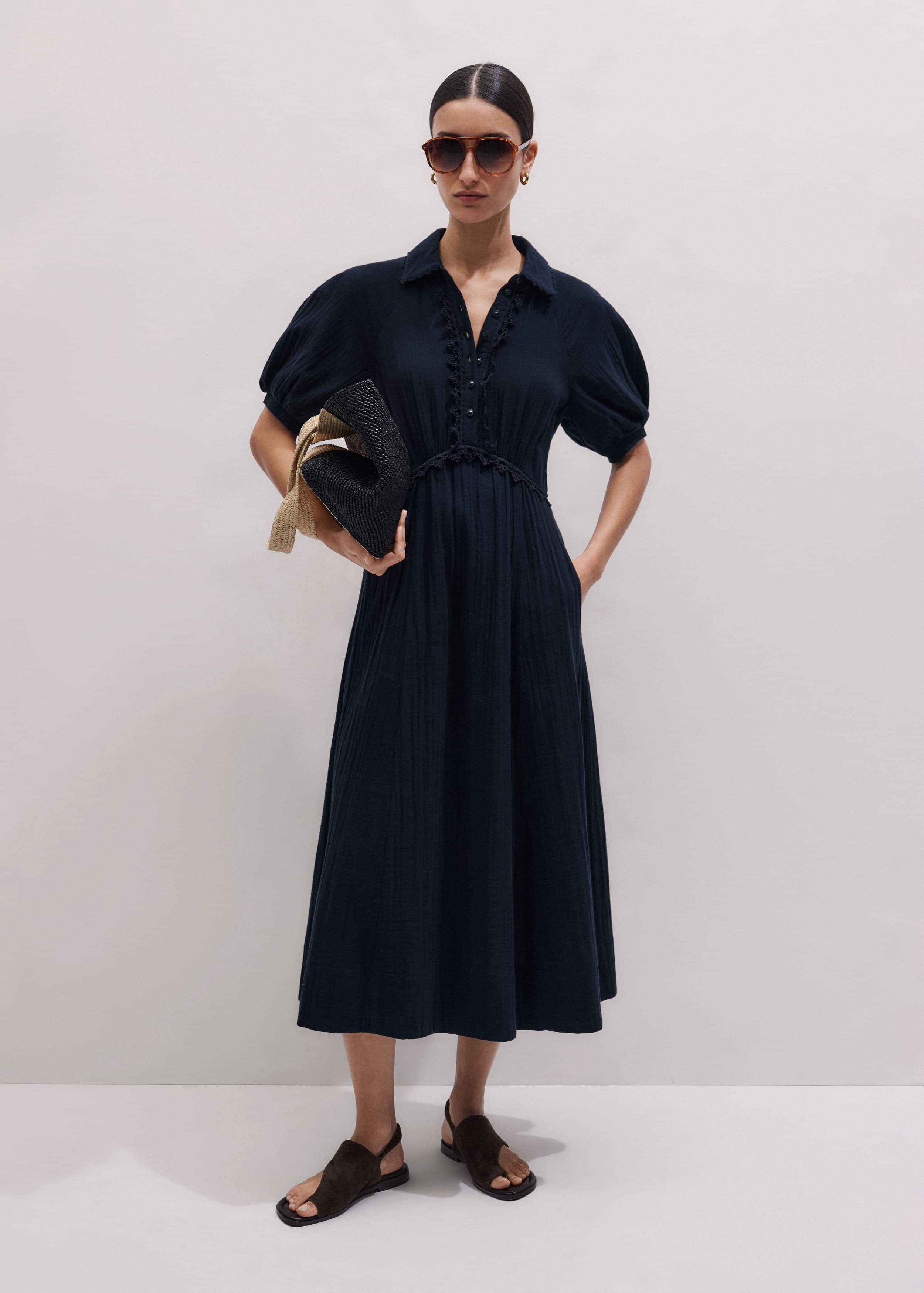 Navy Cheesecloth Intricate Detail Fit + Flare Midi Dress meandem